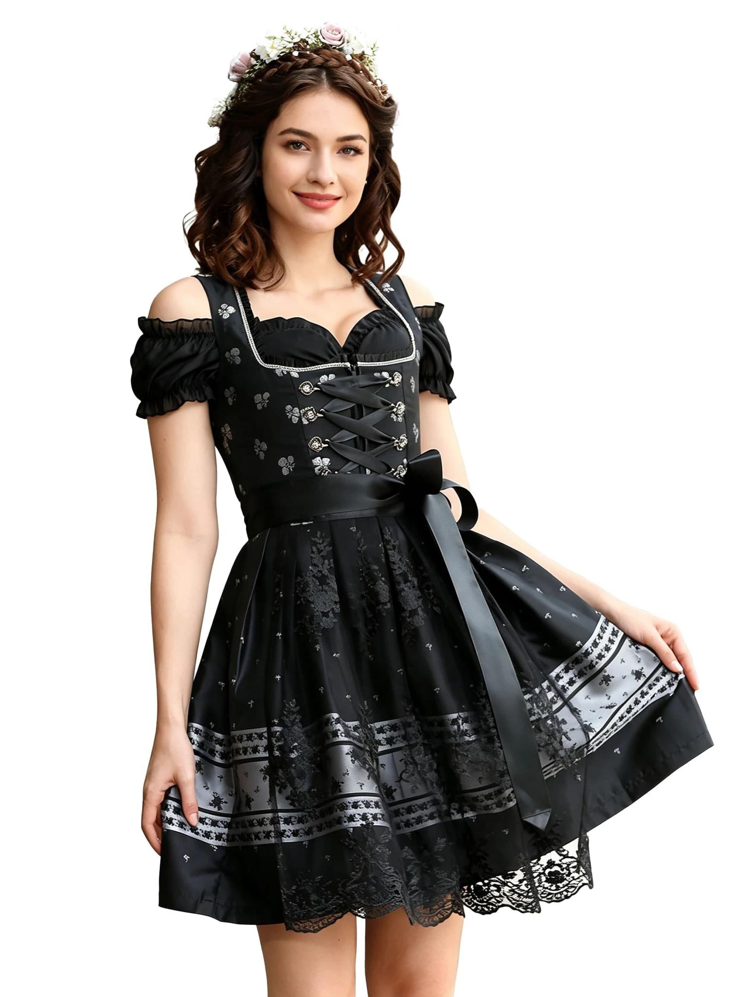 KoJooin Dirndl 'Damen Rosen-Jacquard Dirndl-Set mit Spitzenschürze 3-teiliges Bierfest-Outfit fürs Oktoberfest'‌‌‌‌‌‌‌‌‌ in Schwarz: Vorderseite