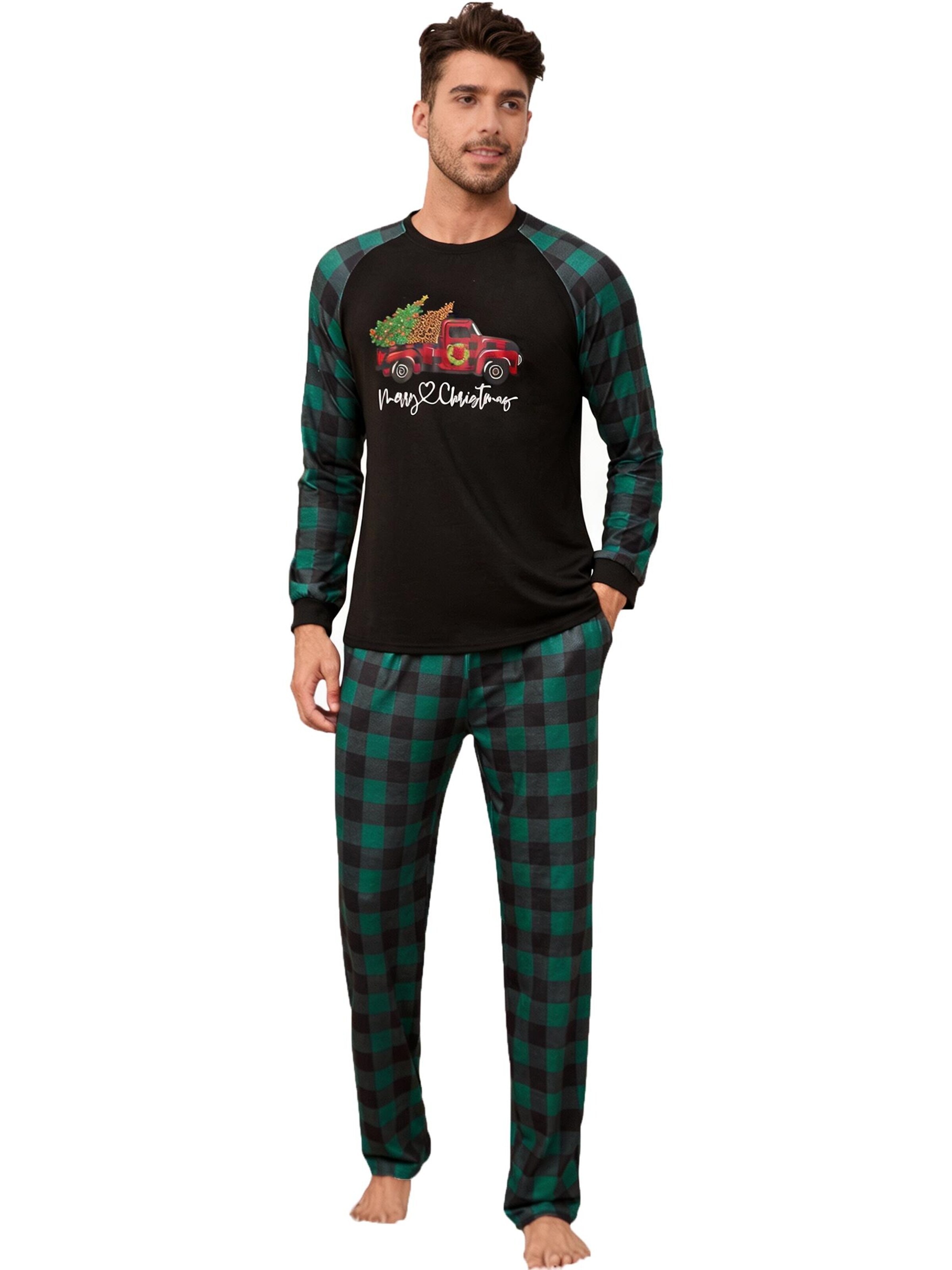KoJooin Long Pajamas 'Herren Pyjama‑Set Zweiteilig Langarm Karo‑Muster Weihnachten Homewear Schlafanzug' in Green: front