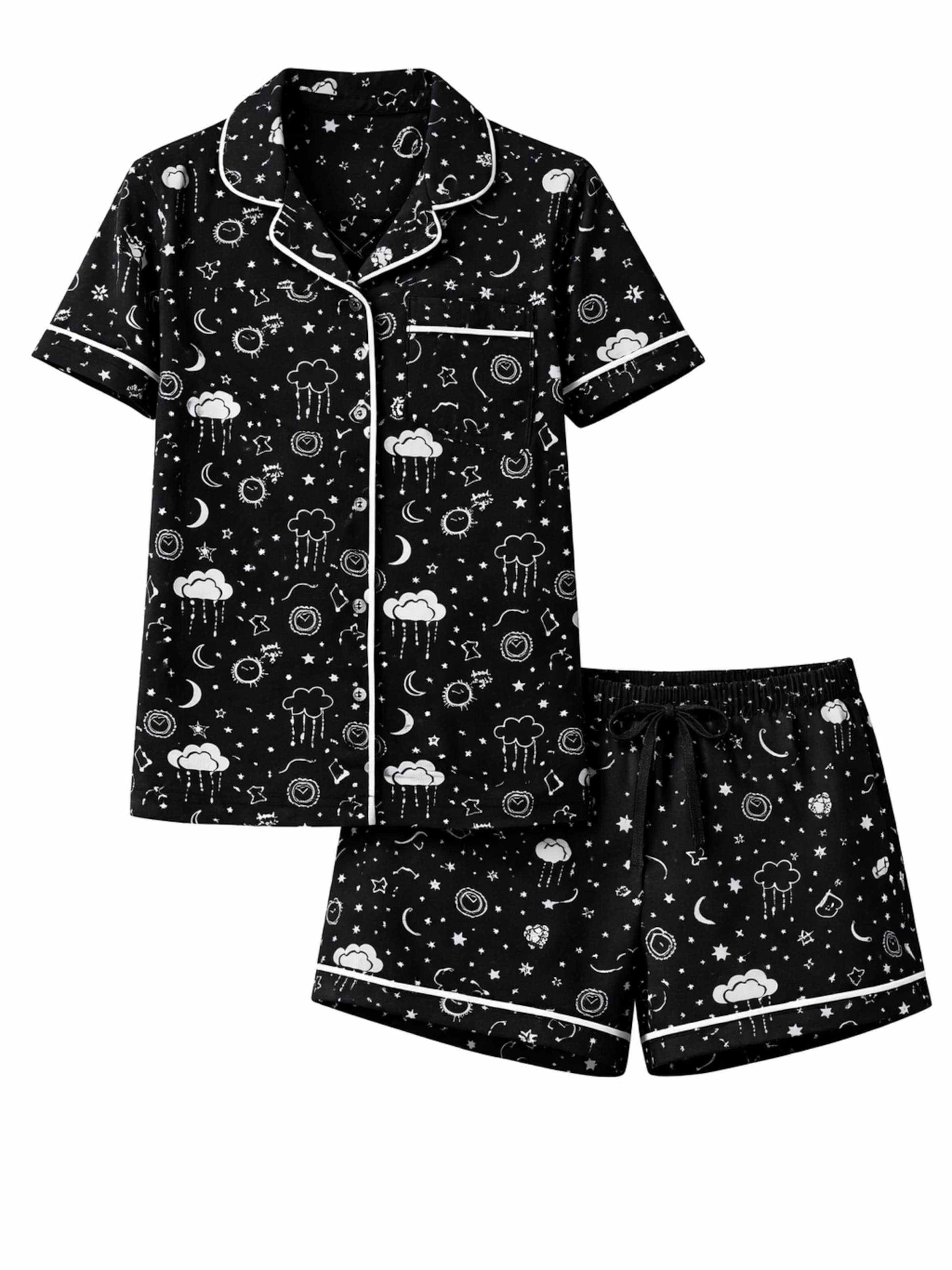 Shorty 'Leafletic Women’s Printed Night Wear Short Set' di LEAFLETIC in nero: frontale