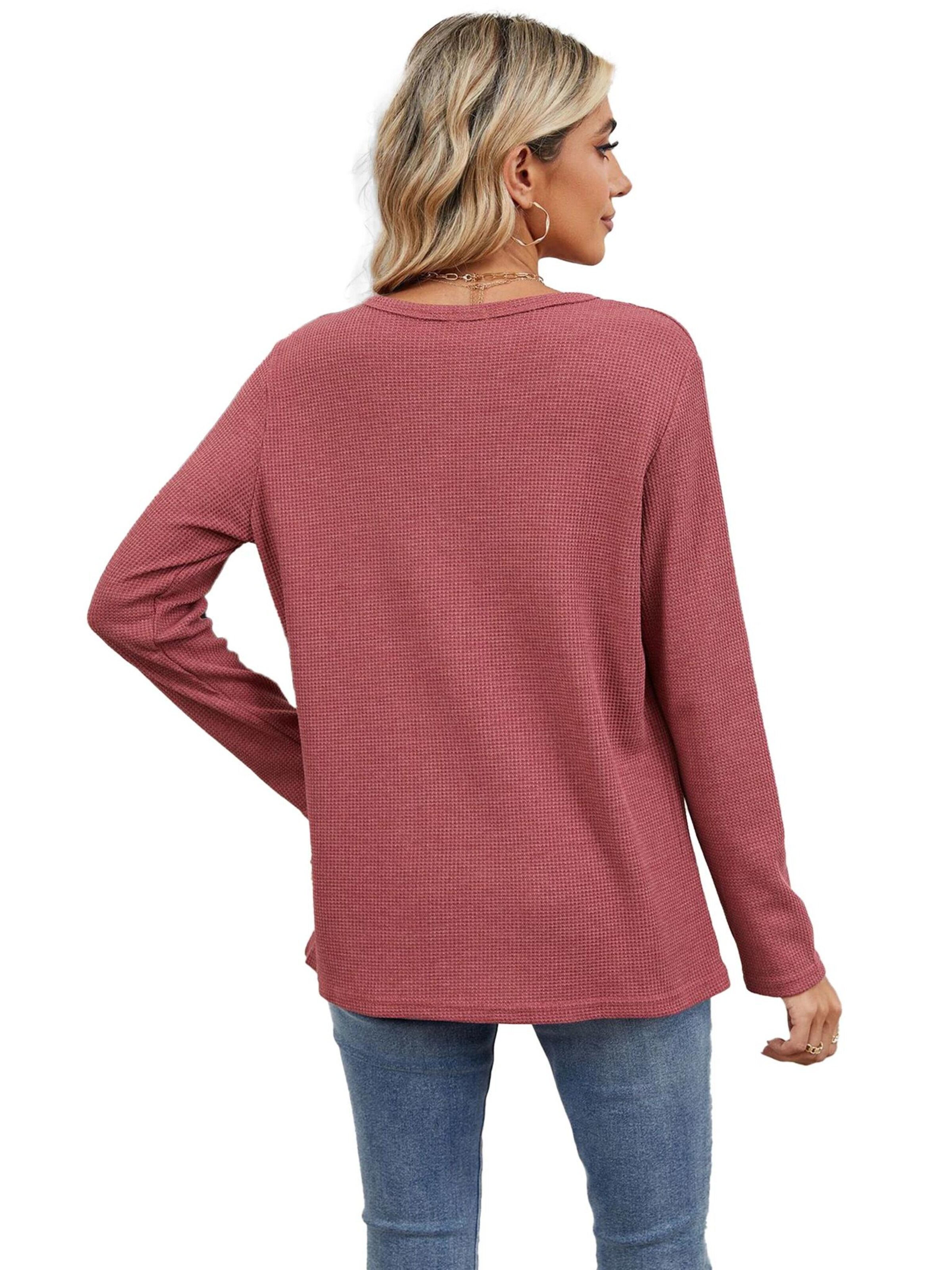 KoJooin Bluse 'Damen Lockeres V-Ausschnitt T-Shirt, langärmlig, unifarben Bequemes Basic für Freizeit,Alltag'‌‌‌‌‌‌‌‌‌‌ in Rot