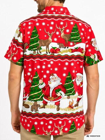 King Kameha Regular fit Button Up Shirt 'Christmas Border Print' in Red