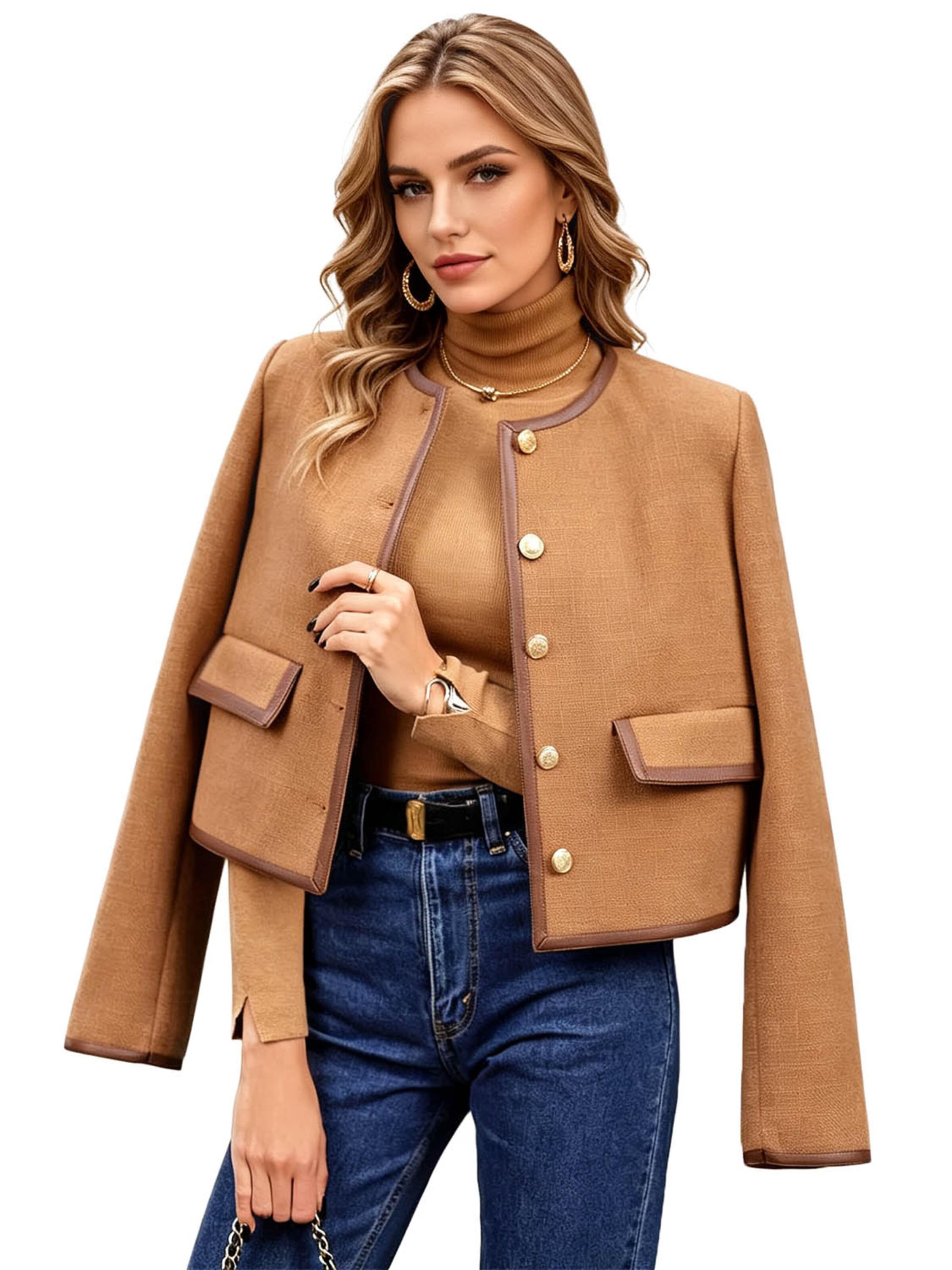 KoJooin Between-Season Jacket 'Damen Kurzjacke mit Rundhalsausschnitt und Metallknöpfen – Modische Longsleeve-Jacke mit Kontrast' in Brown: front