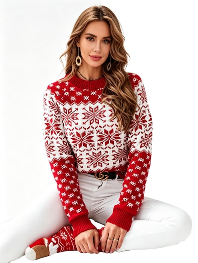 KoJooin Sweater 'Damen Weihnachtspullover mit Rentier Schneeflockenmuster Rundhalsausschnitt Langarm Strickpullover' in S in Red, Item view