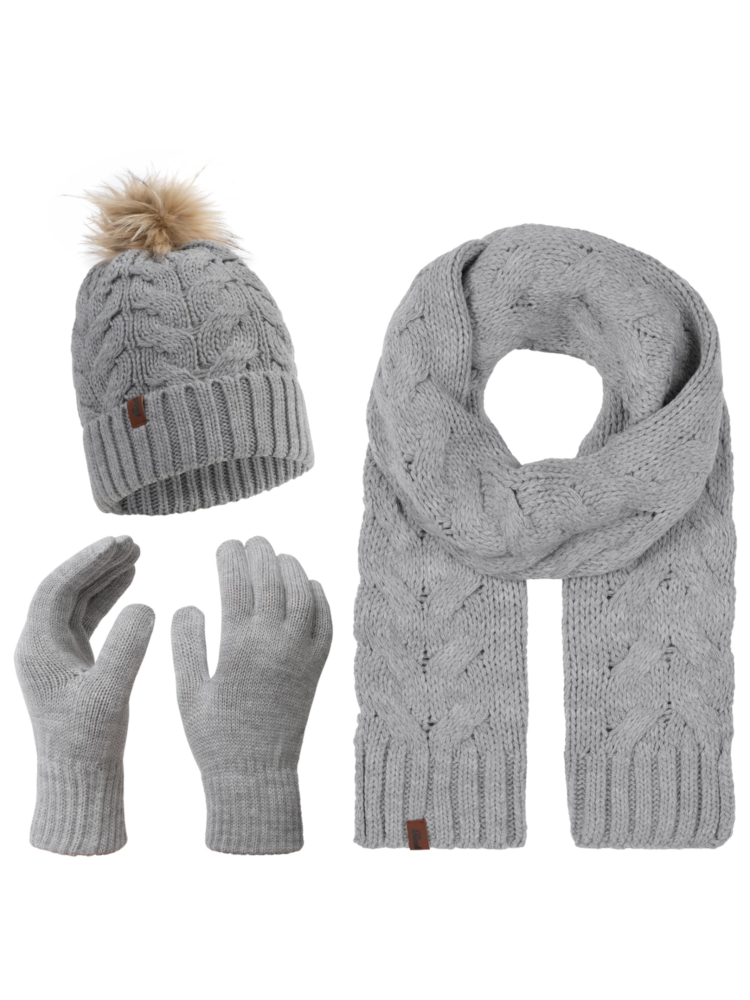 Rock Creek Set: Schal, Mütze und Handschuhe in Grau: Vorderseite
