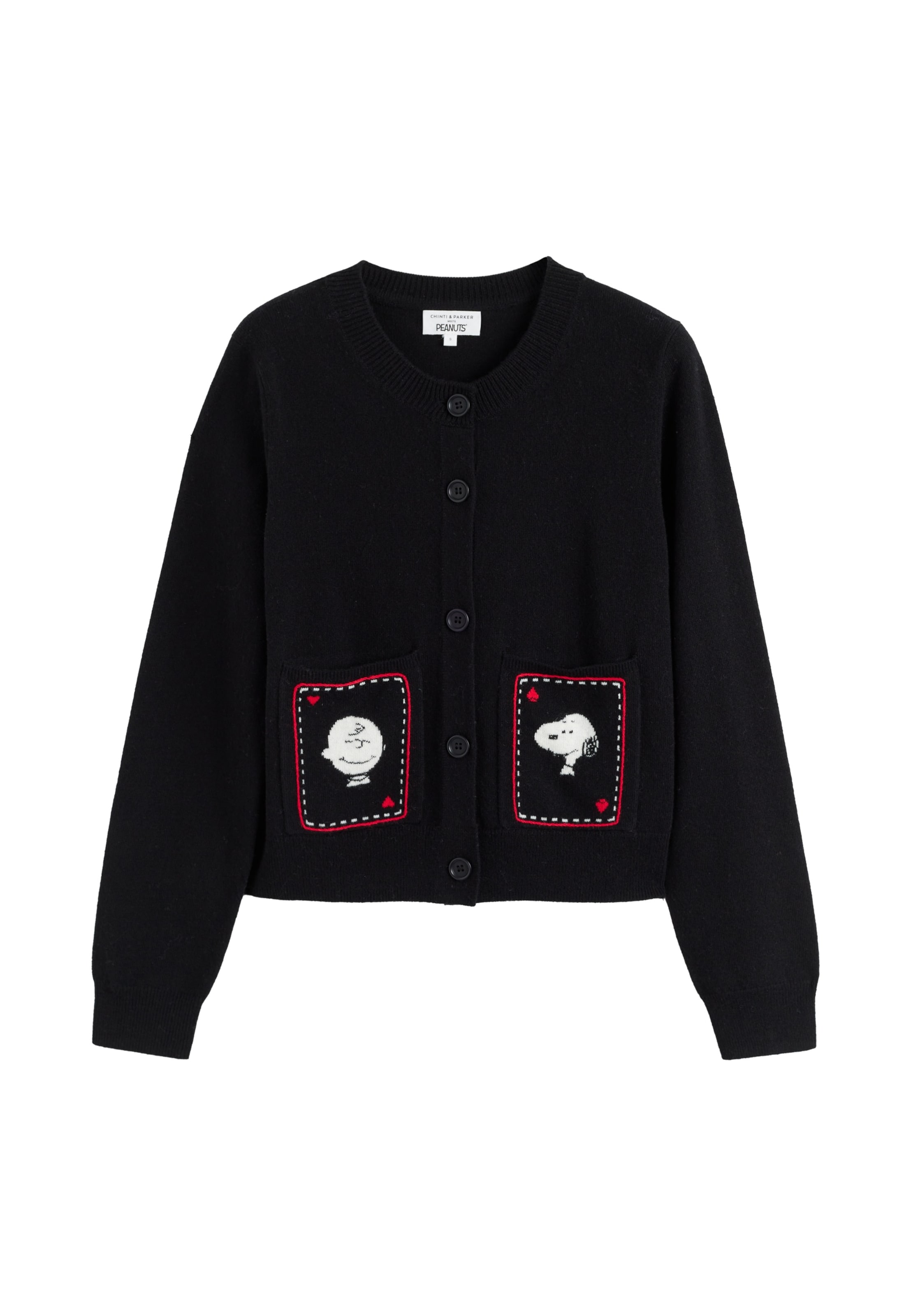 Chinti & Parker Gebreid vest 'Snoopy & Charlie Brown' in Zwart: voorkant