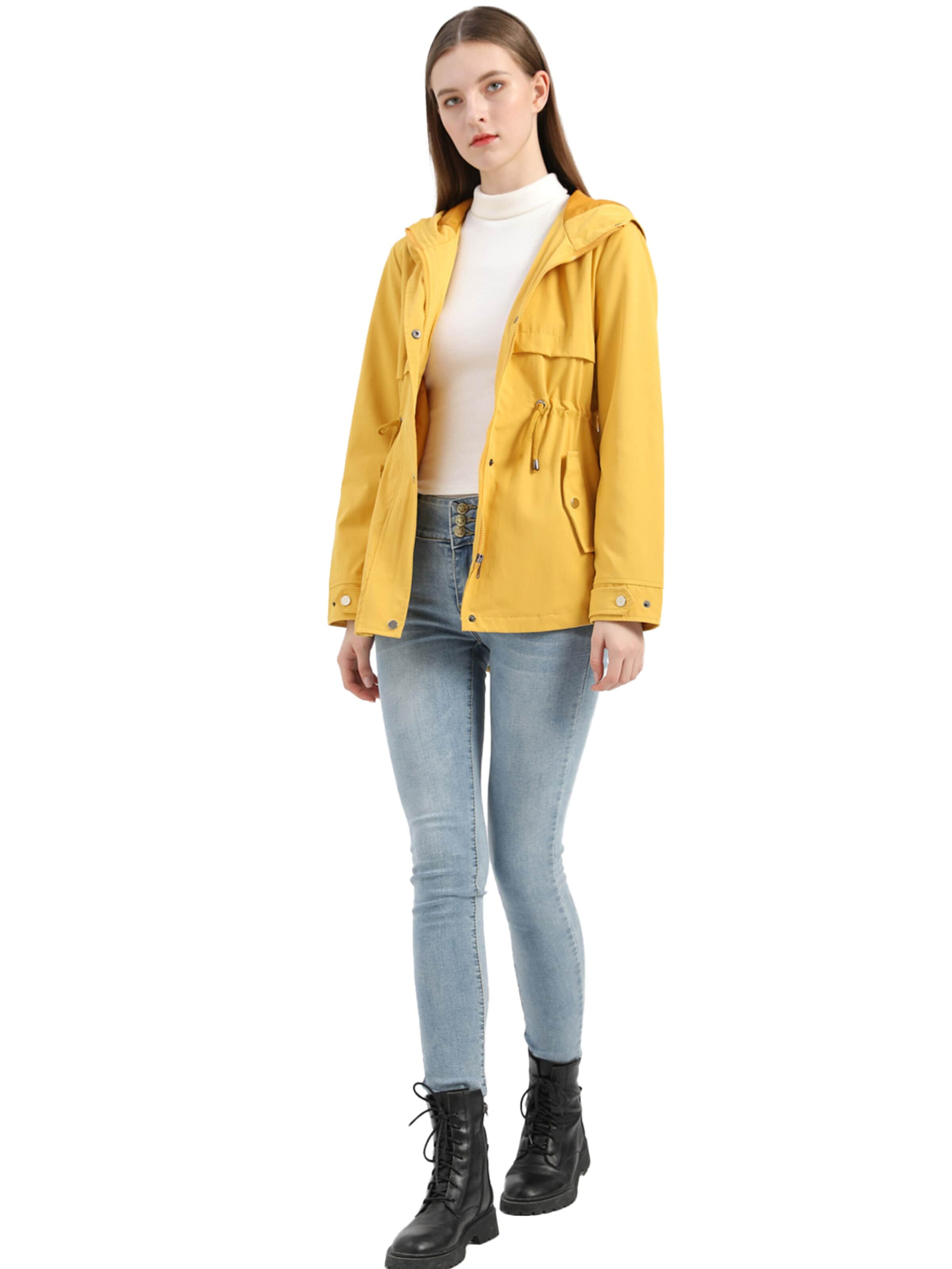KoJooin Płaszcz funkcyjny 'Damen lange Kapuzen-Regenjacke mit Taille – Wasserdichter Windbreaker und Outdoor-Mantel für Schutz' w kolorze żółty