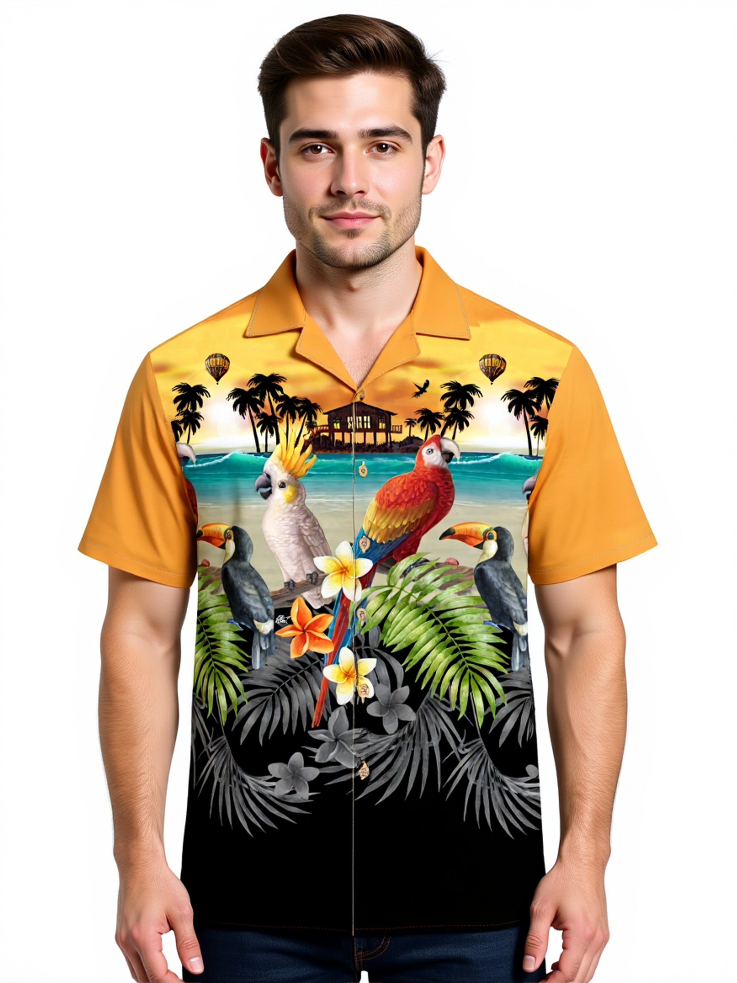 Hawaiihemdshop.de Regular Fit Hemd 'Hawaiihemd "Golden Parrots"'‌‌‌ in Gelb: Vorderseite