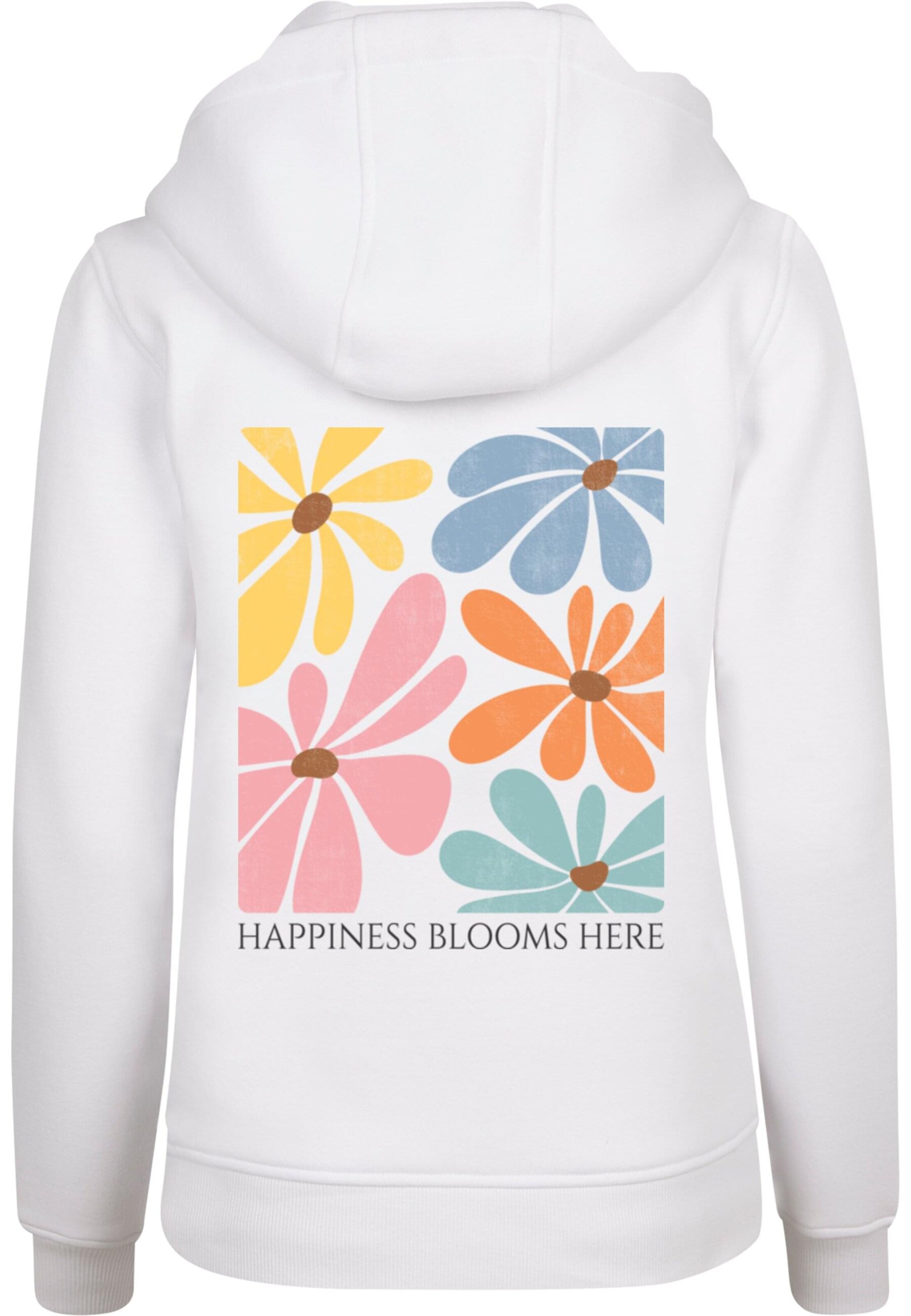 Sweat-shirt 'Happiness Blooms Here' Merchcode en blanc