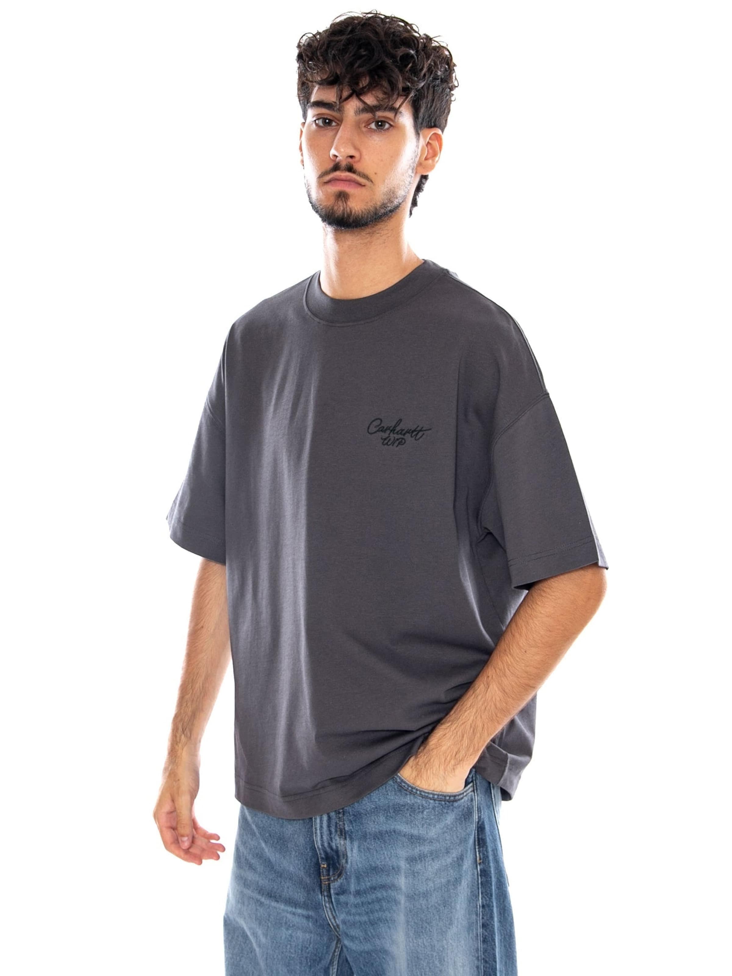 Carhartt WIP Shirt 'S/S SIGNATURE SCRIPT T-SHIRT GRAPHITE / DARK SCARAB' in Grijs: voorkant