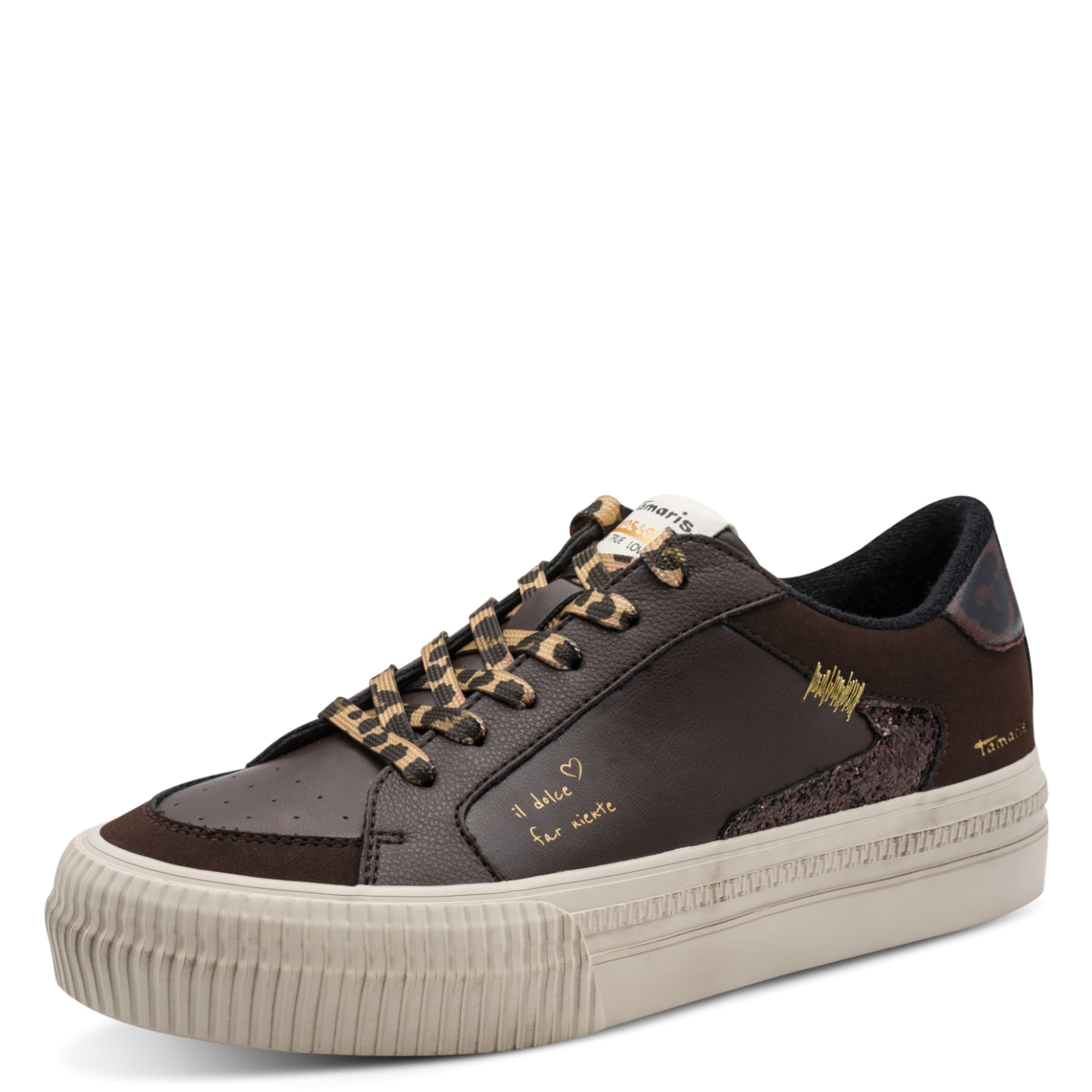 Sneaker bassa in 36 Tamaris di colore cioccolato / marrone scuro / oro, Visualizzazione prodotti