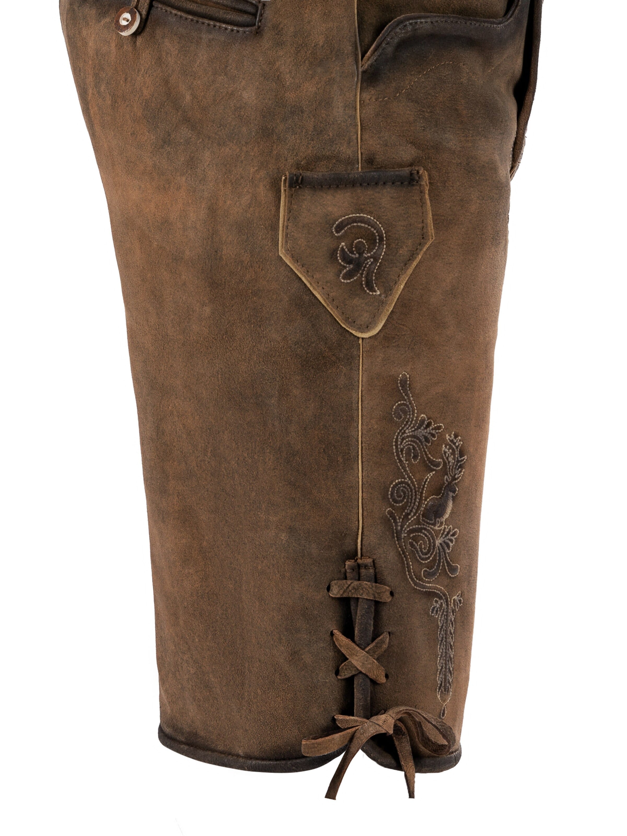 Fuchs Trachtenmoden Skinny Trachtenhose 'Trachtenlederhose Herren kurz Dunkelbraun Wildbockleder'‌‌‌‌ in Braun