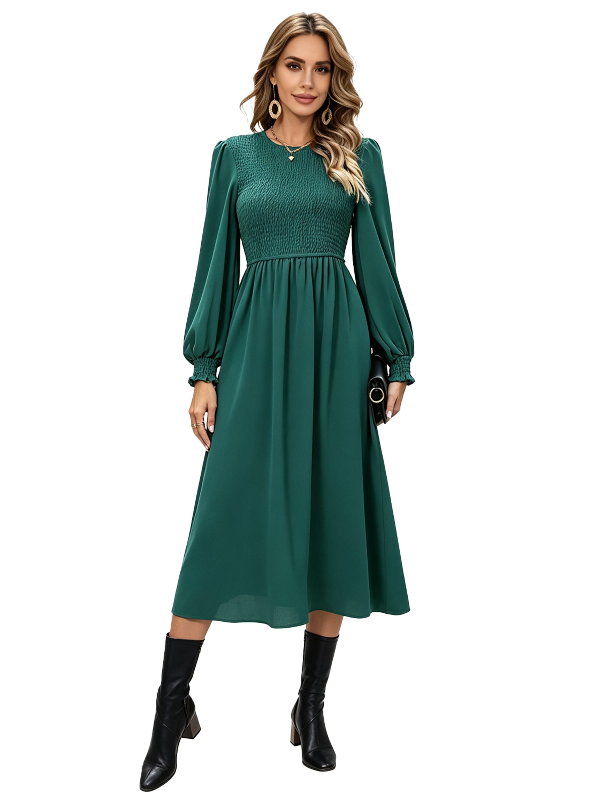KoJooin Kleid 'Damen Midikleid mit Ballonärmeln Langarm, Tailliert und Rundhalsausschnitt – Lässiges Freizeitkleid'‌‌‌‌‌‌‌‌‌‌ in Grün: Vorderseite