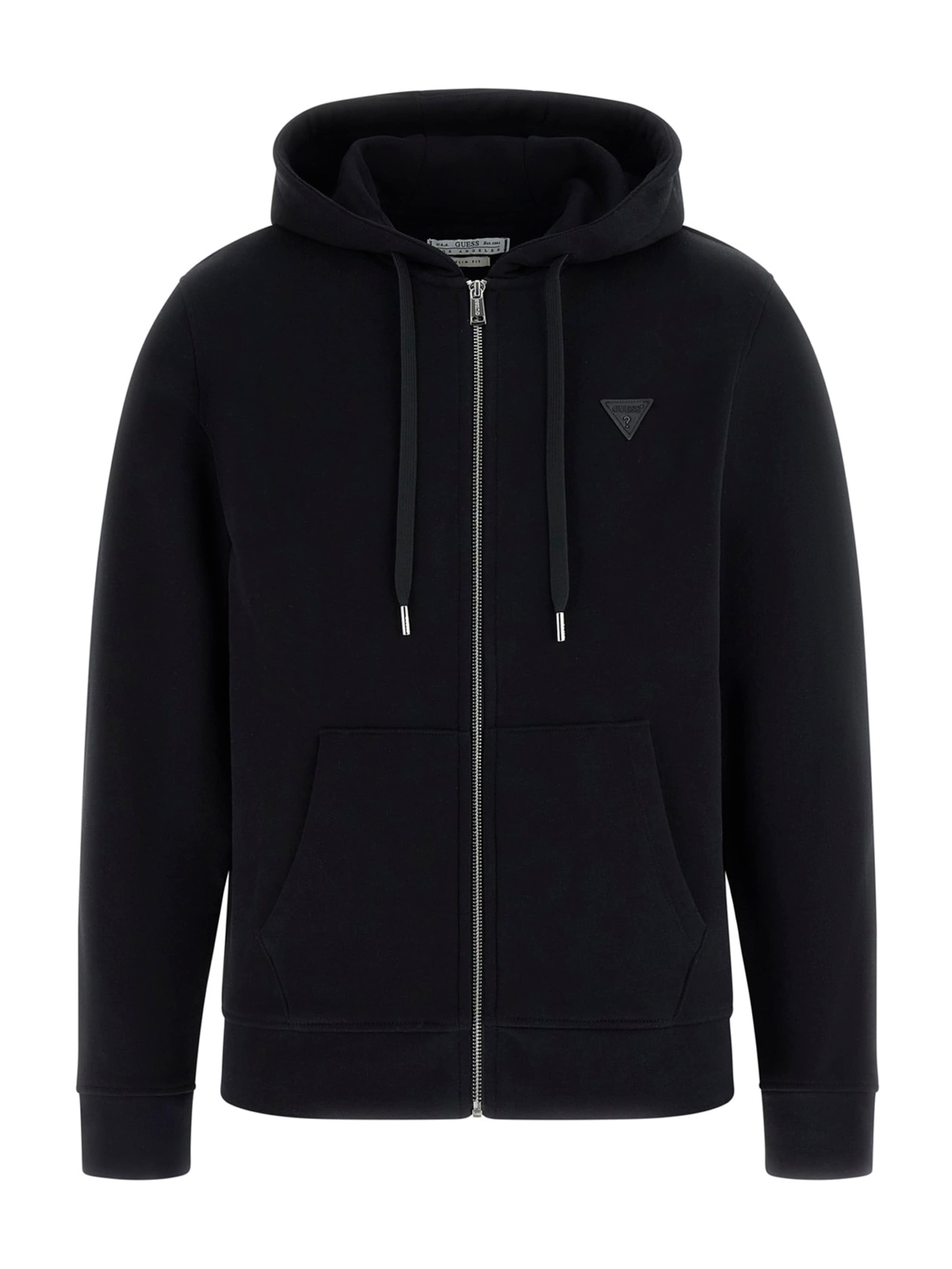 GUESS Zip-Up Hoodie in Black: front