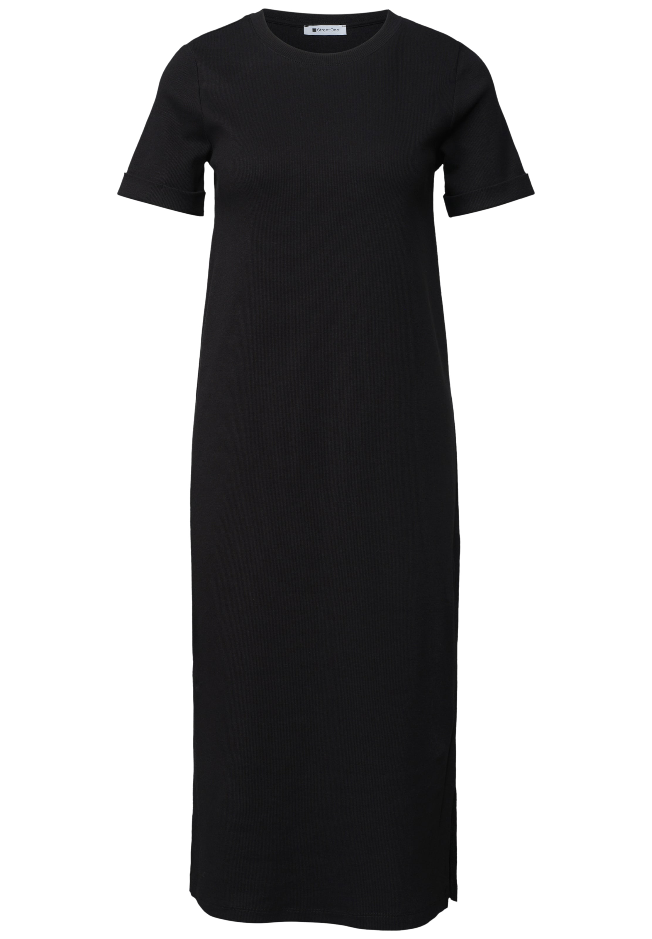 STREET ONE Midikleid in Rippstruktur mit Rundhals in Schwarz: Vorderseite