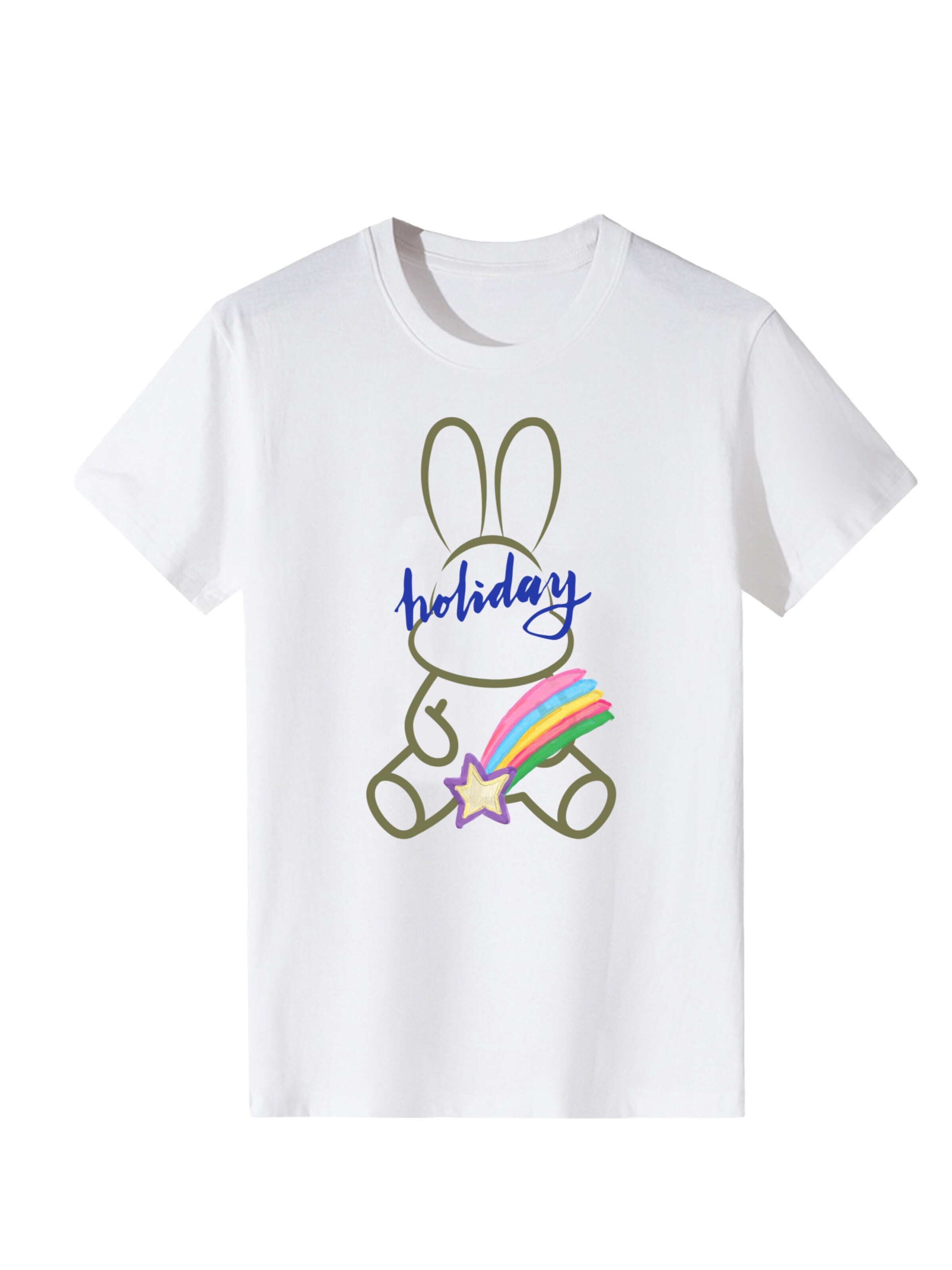 LapaPlus Shirt 'Women Minimal Line Drawing Rabbit with Rainbow Holiday Print T-Shirt' in White