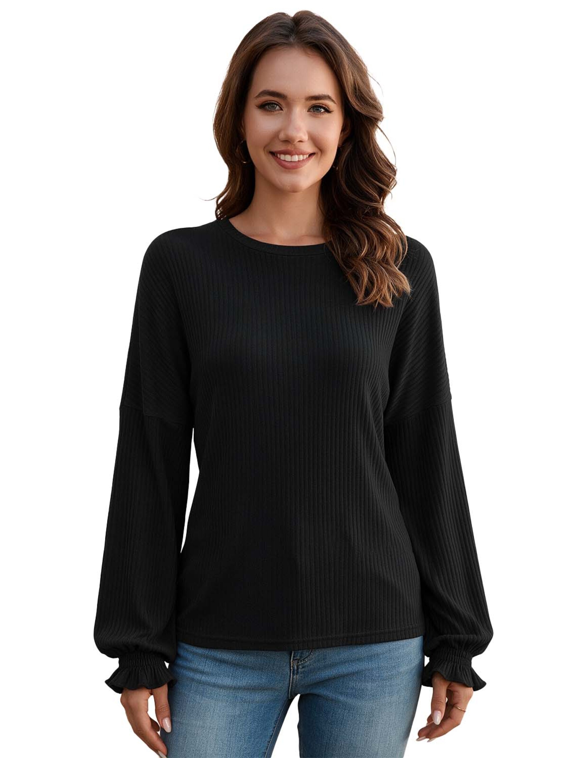 KoJooin Top z dzianiny 'Damen Langarmshirt mit Rundhalsausschnitt und lockerer Rippstruktur' w kolorze czarny