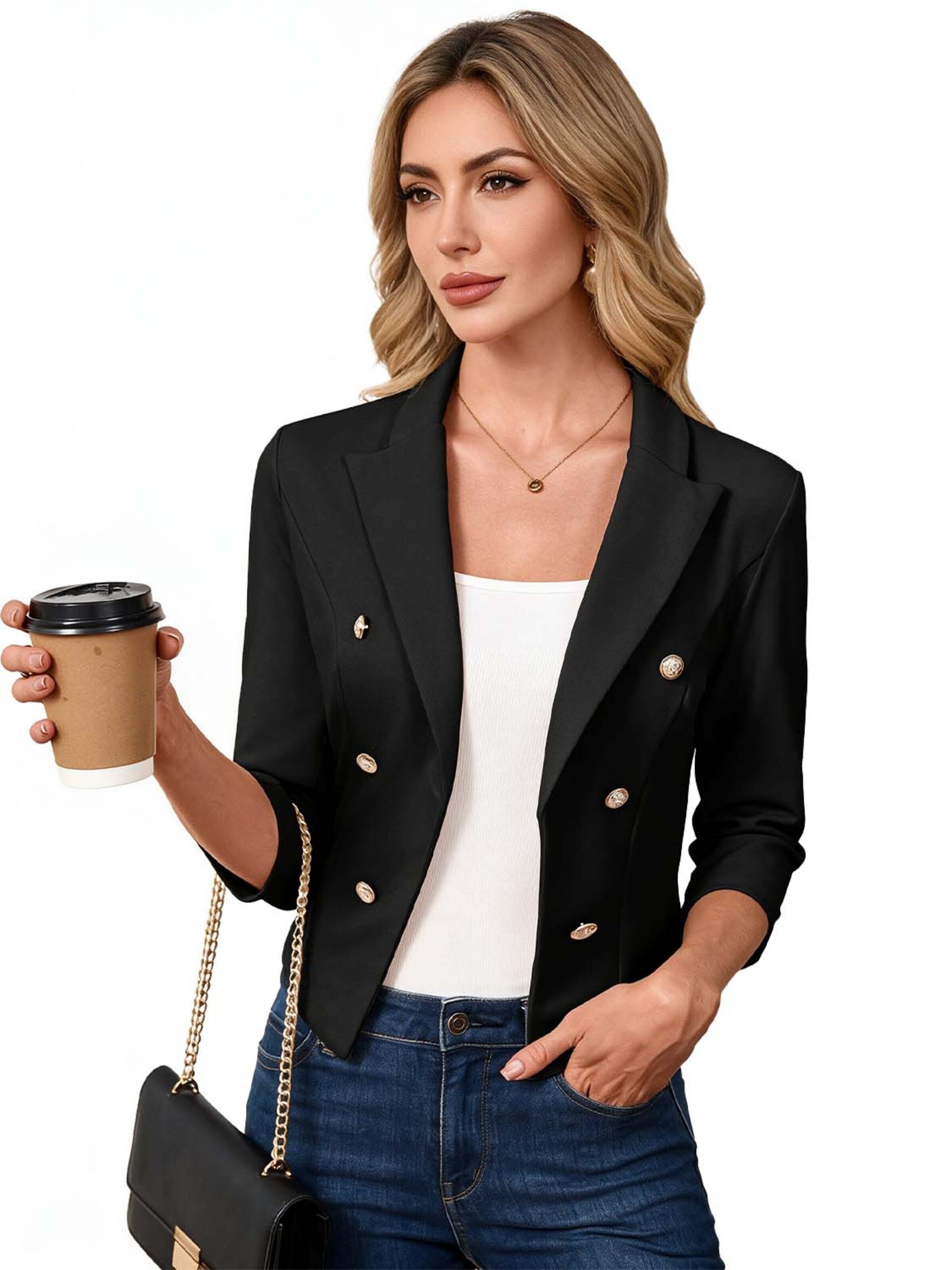 KoJooin Marynarka 'Damen Business-Blazer mit spitzem Reverskragen Metallknöpfen: 3/4-Ärmel,offene Knopfleiste perfekt' w kolorze czarny