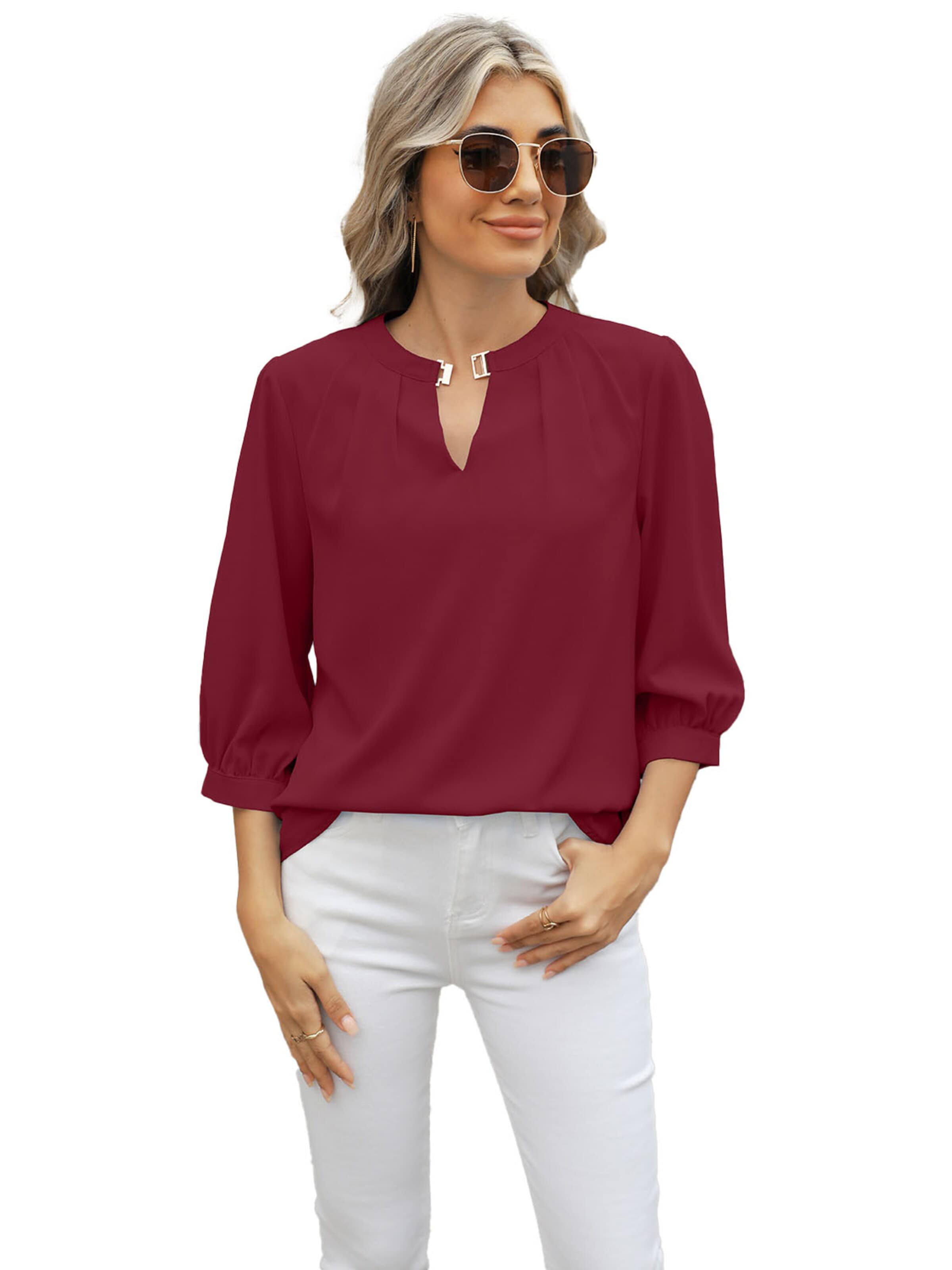 KoJooin Blouse 'Damen Chiffonbluse Mit V-Ausschnitt, Keyhole-Detail Und 3/4-Ärmeln' in Red
