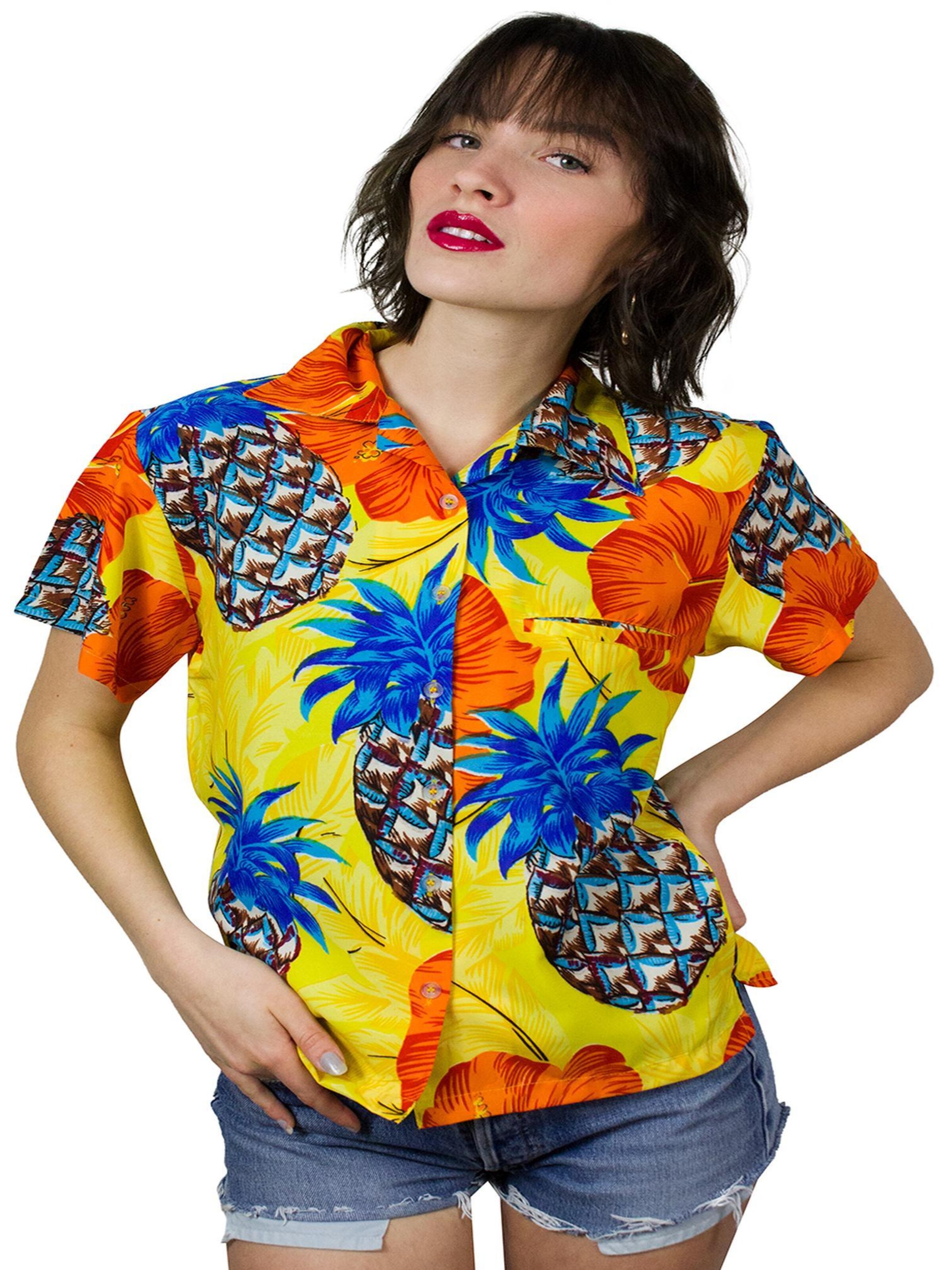 King Kameha Bluse 'Pineapple Hibiscus Shadow Line'‌‌ in Gelb
