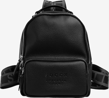 Soccx Kleiner Rucksack aus Lederimitat mit Logo-Riemen in Schwarz: Vorderseite