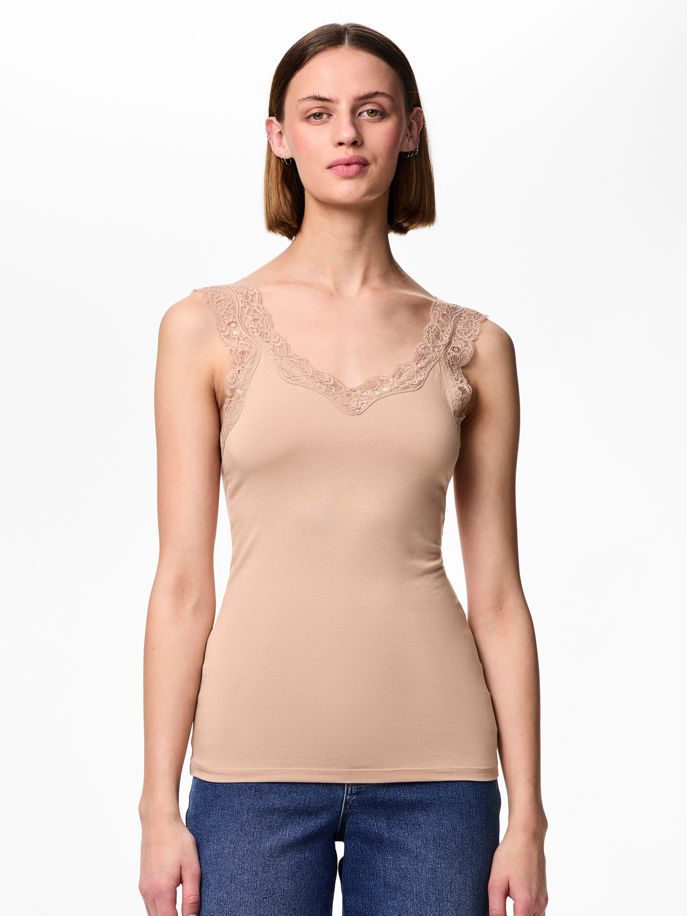 PIECES Top 'Pieces Dames Top Kant PCBARBERA LACE 2-Pack Effen' in Grijs: voorkant
