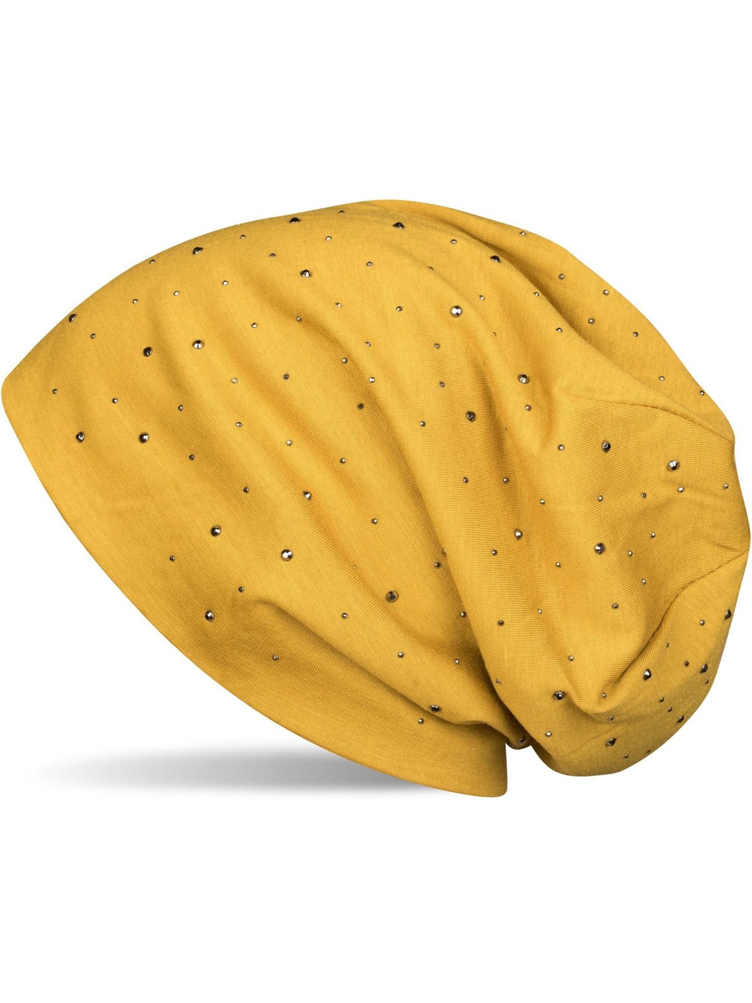 styleBREAKER Mütze 'Beanie mit Strass Nieten Applikation'‌‌‌‌ in Gelb: Vorderseite