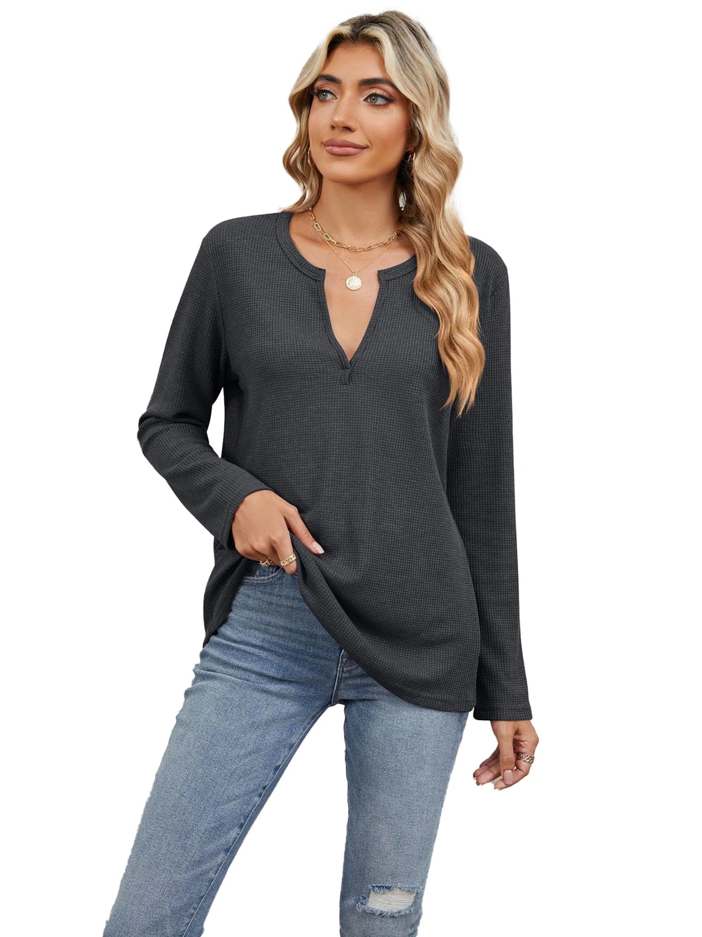 KoJooin Bluse 'Damen Lockeres V-Ausschnitt T-Shirt, langärmlig, unifarben Bequemes Basic für Freizeit,Alltag'‌‌‌‌‌‌‌‌‌‌ in Grau: Vorderseite