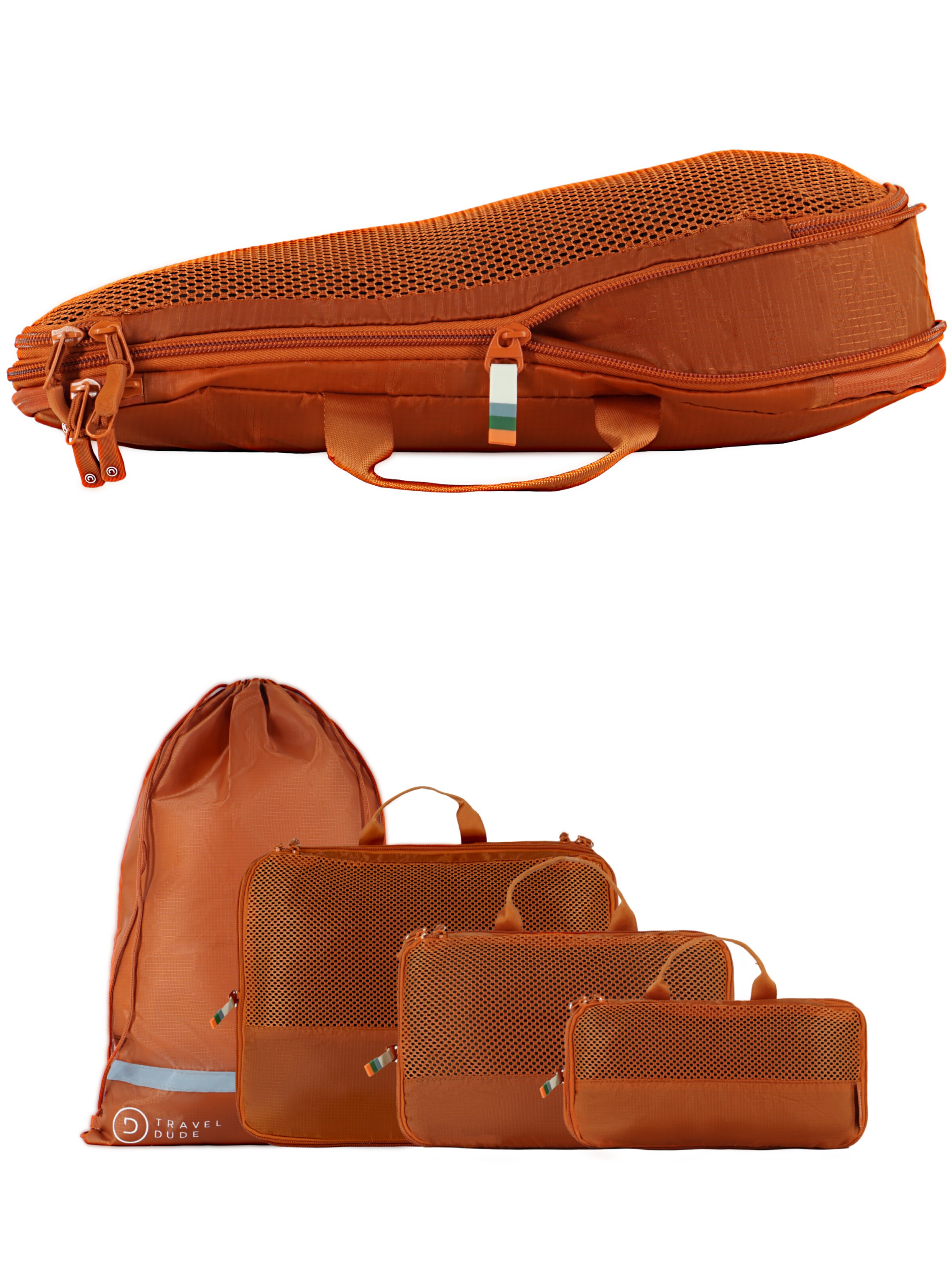 TRAVEL DUDE Reistas 'Packing Cubes Set 4 Teilig mit Kompression, Packwürfel, Packtaschen Set für Rucksack & Koffer' in Oranje: voorkant