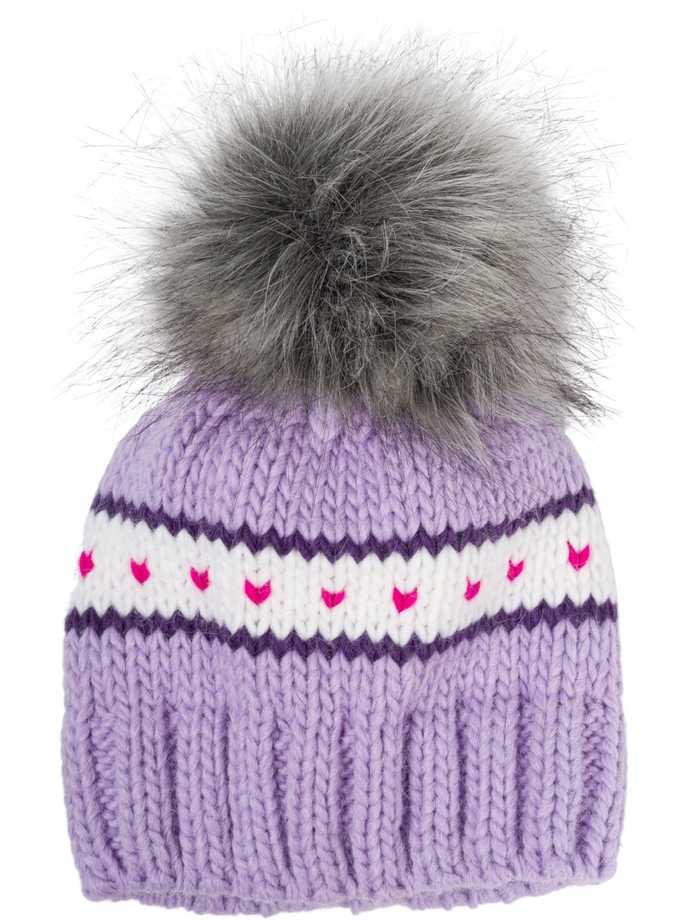 styleBREAKER Beanie 'Kinder Strick Bommelmütze Herzmuster' in Purple: front