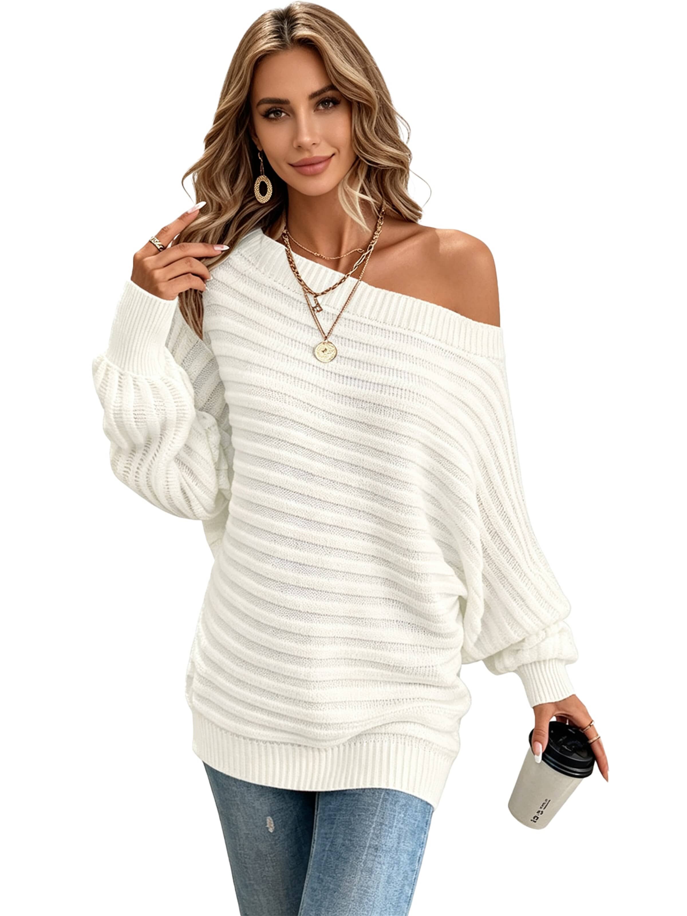 KoJooin Sweter 'Damen Strukturiertes Rippstrick Pullover Carmenausschnitt und Fledermausärmeln Oversize-Strickpulli' w kolorze biały