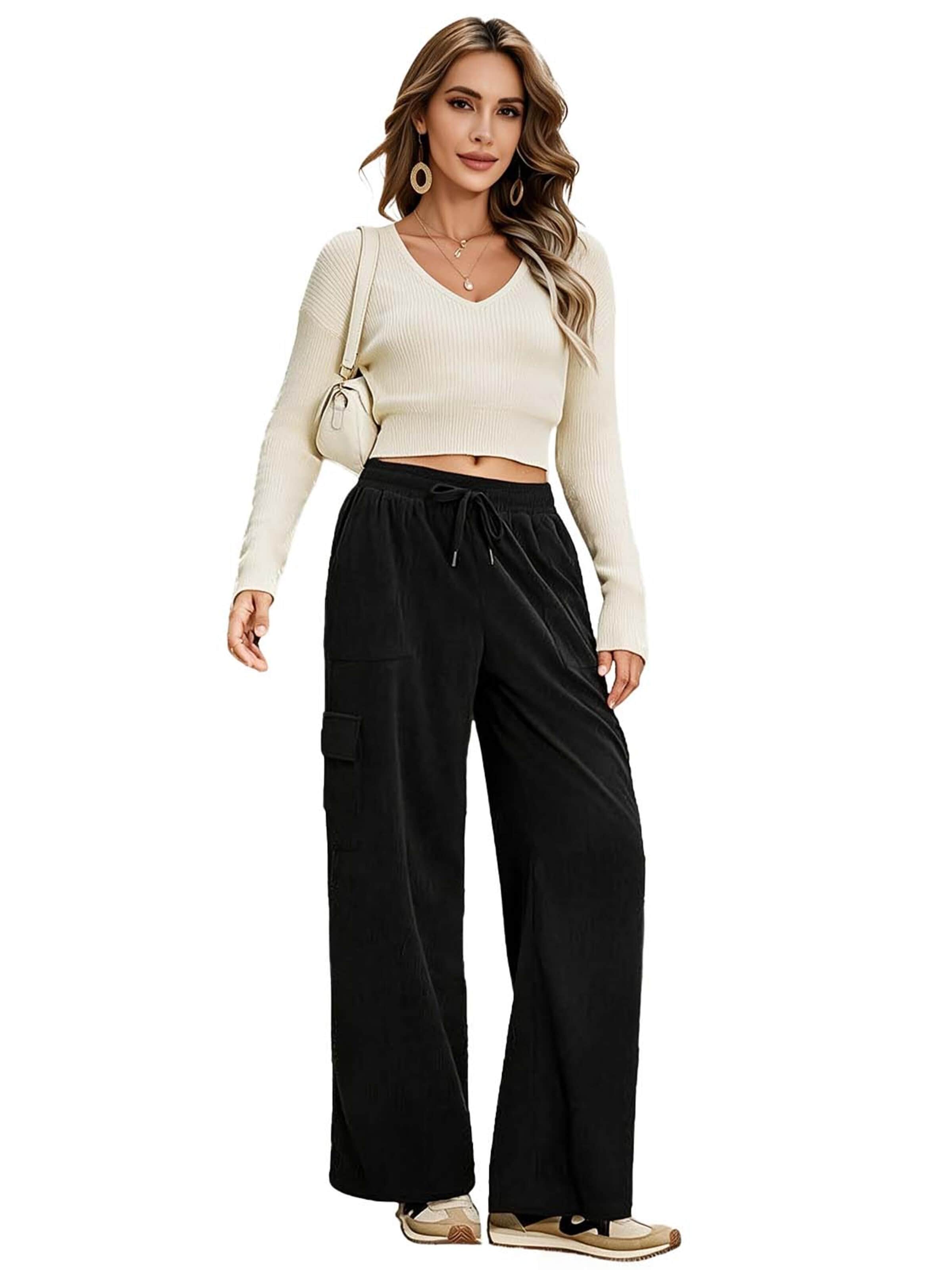 KoJooin Szeroka nogawka Spodnie 'Damen Cord-Workwear-Hose mit elastischem Bund Lässige,gerade geschnittene Culotte mit weitem Bein' w kolorze czarny