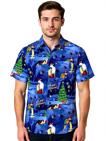 Hawaiihemdshop.de Regularny krój Koszula 'Hawaiihemd Christmas Parrots' w kolorze niebieski