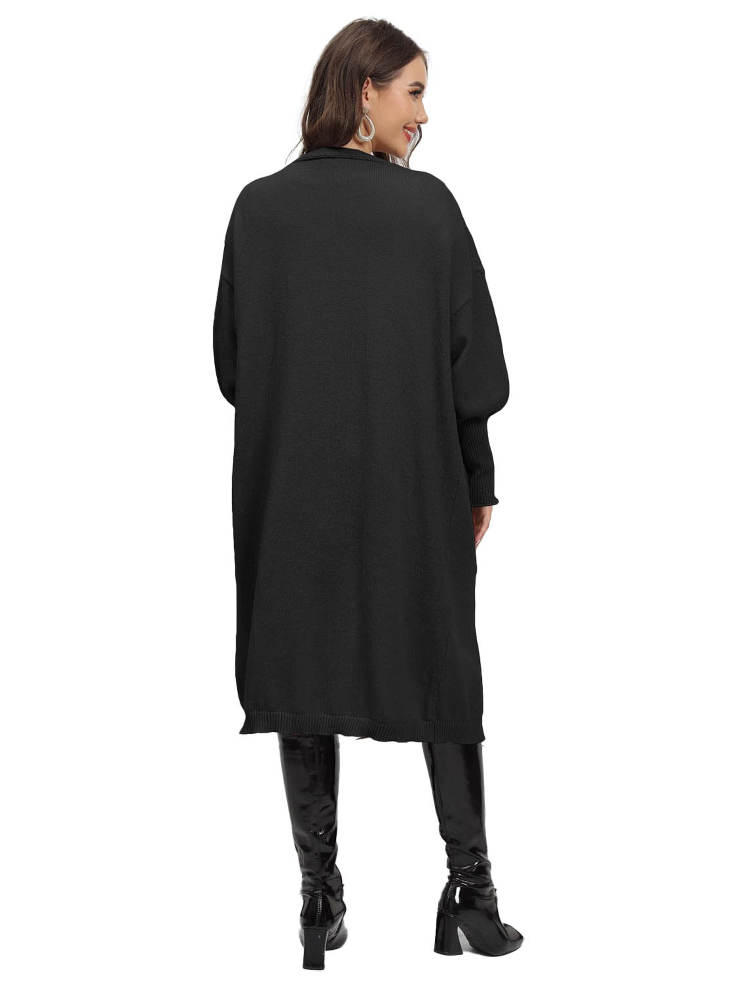 KoJooin Kardigan 'Damen Oversize Wollcardigan Taschen und Ballonärmeln Weicher,Langer Strickmantel in Einheitsgröße' w kolorze czarny