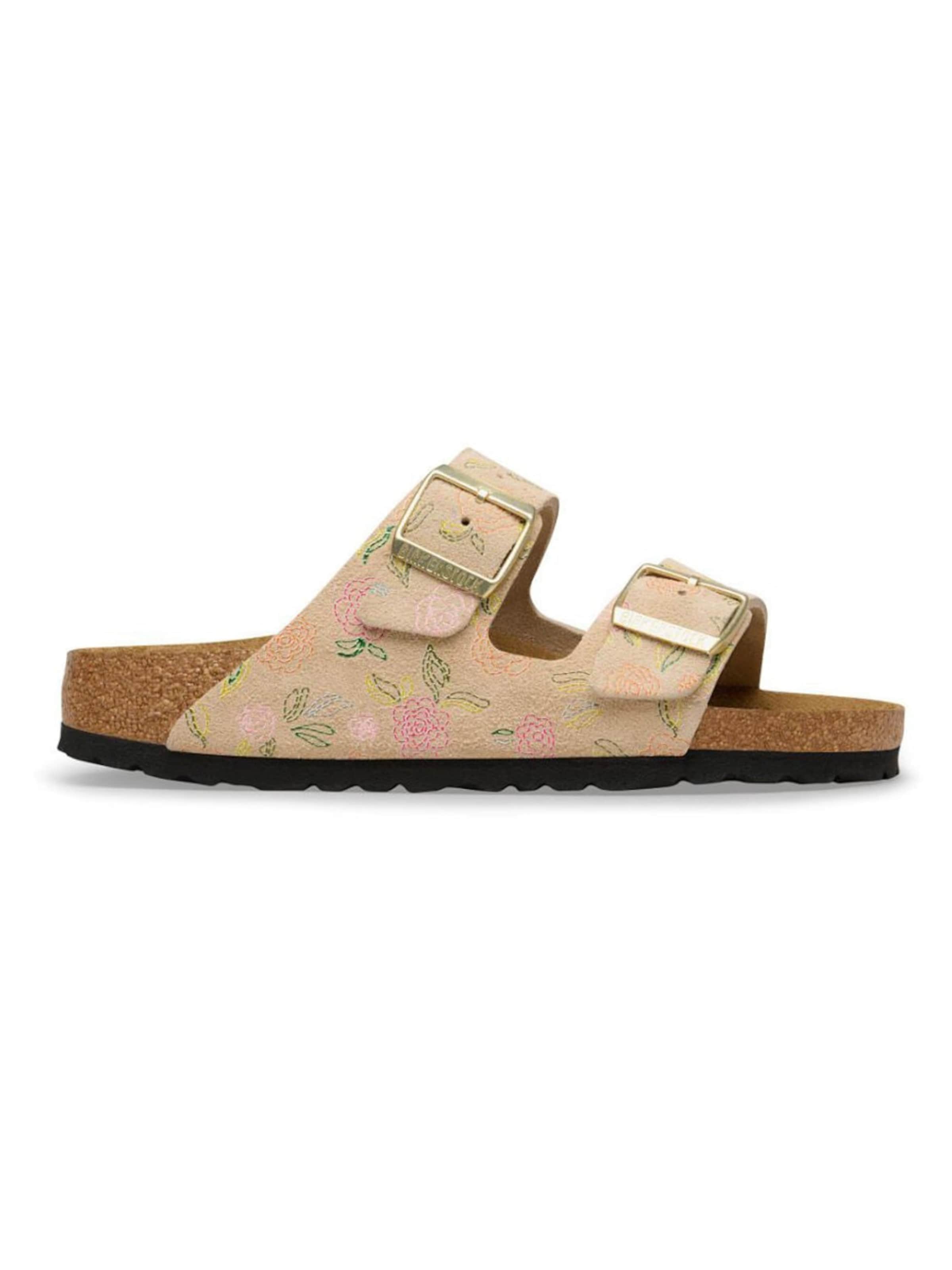 BIRKENSTOCK Klapki 'ARIZONA SUEDE LEATHER NARROW FIT SANDCASTLE FLOWER' w kolorze brązowy: przód