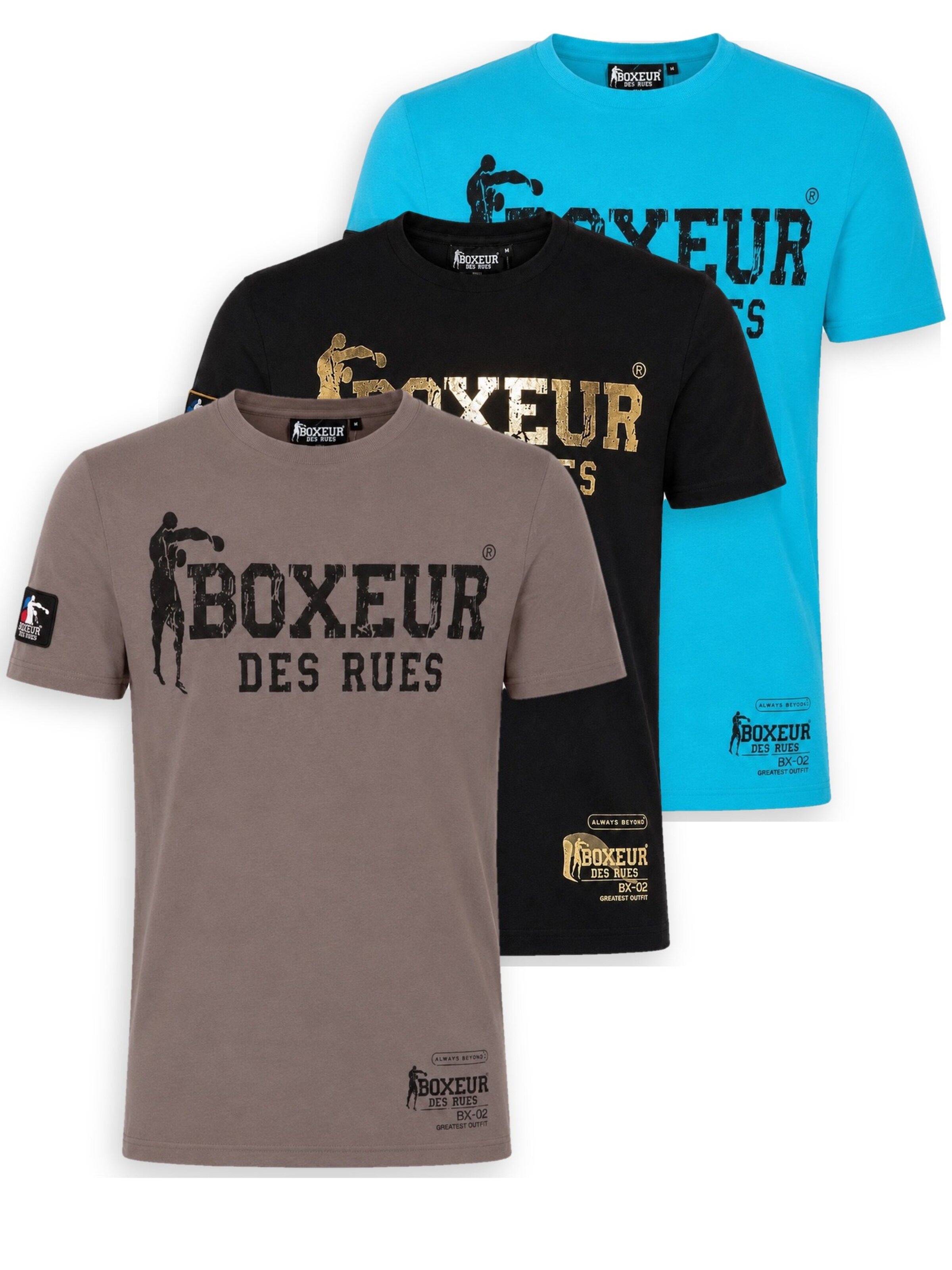 Boxeur des Rues Shirt 'Herren T-Shirt 3er-Pack Boxeur des Rues Slim Fit: Taupe-Grau + Schwarz, Goldenes Logo + Türkis, Schwarzes Logo' in Mixed colors: front