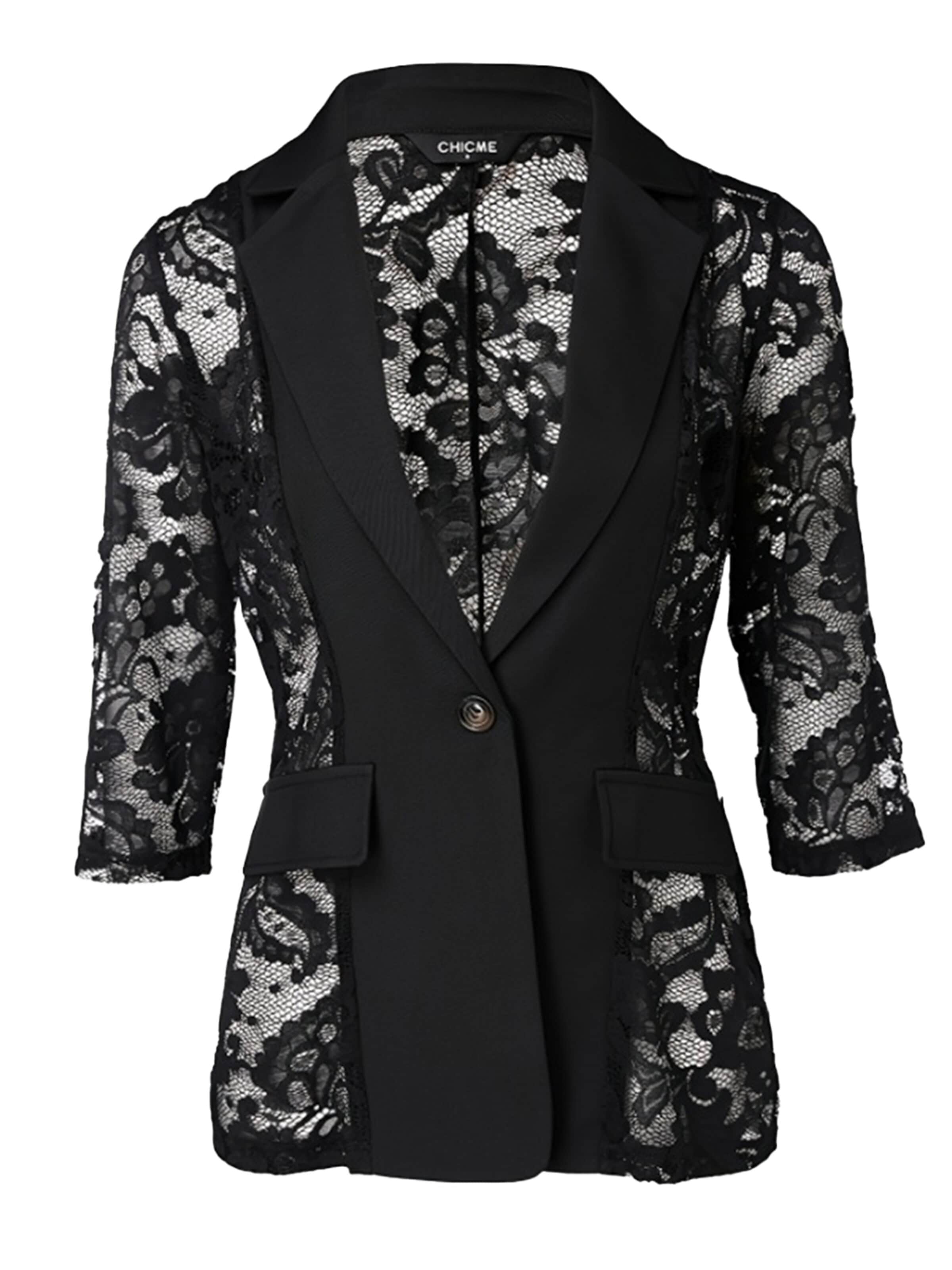 KoJooin Blazer 'Damen Blazer mit Spitzenbesatz, Cut-Out-Details und 3/4-Ärmeln – Einreihiges Jackett mit Knopf' in Black: front