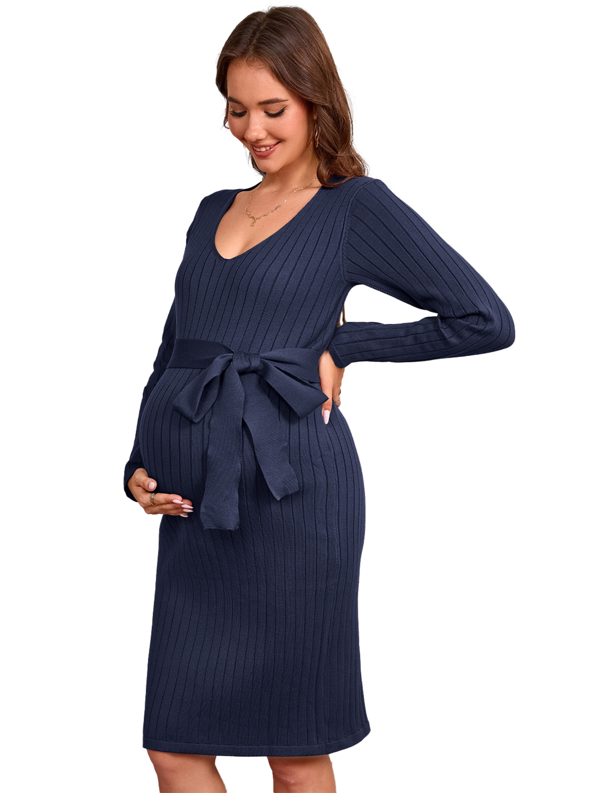 KoJooin Sukienka 'Umstandsstrickkleid mit V-Ausschnitt,Langarm und Taillengürtel – Bequemes Rippstrick-für Schwangere' w kolorze niebieski