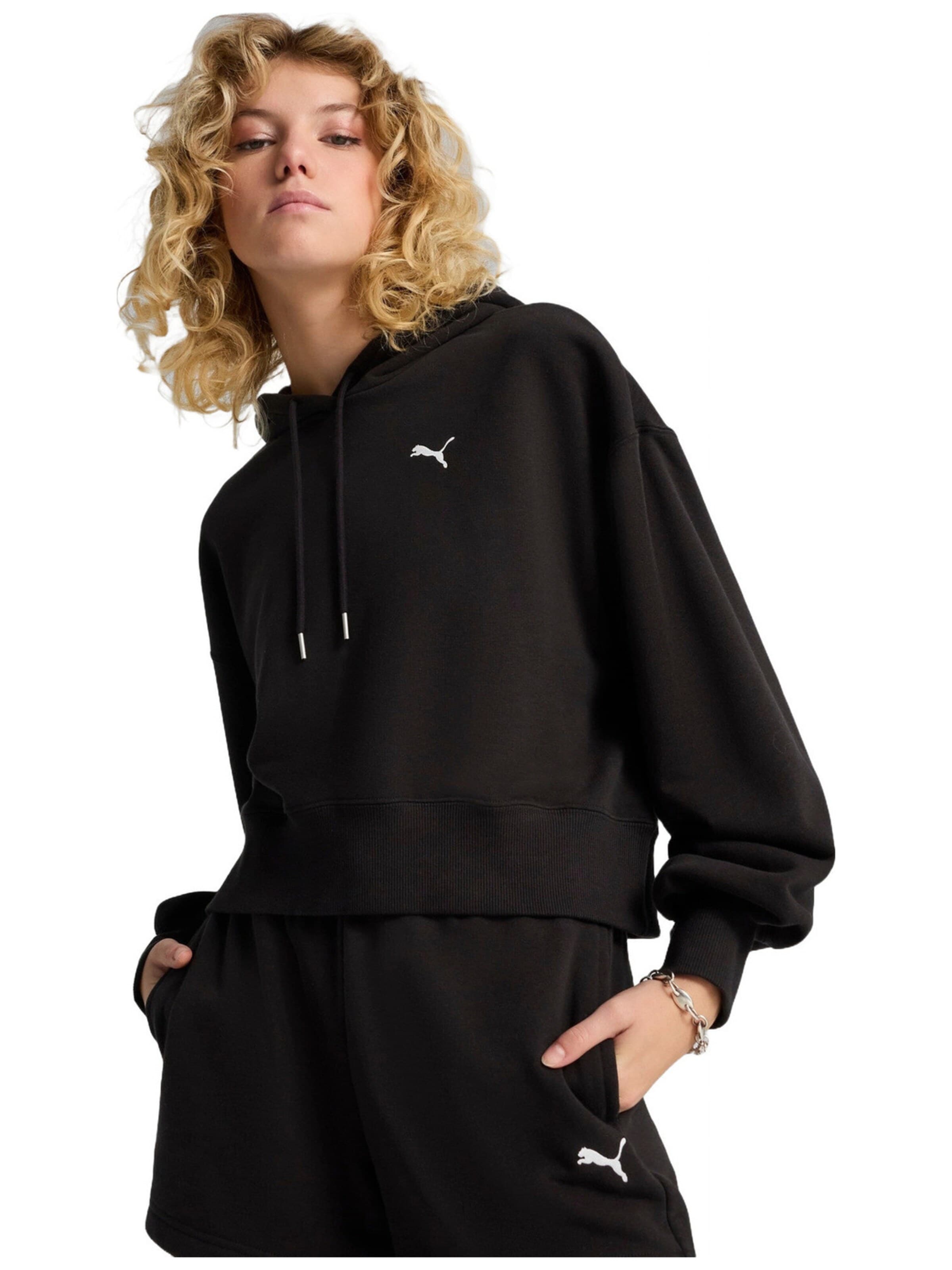 PUMA - Sudadera con cremallera 'Puma Wardrobe Ess Relaxed Cropped Hoodie Tr' en negro: frente
