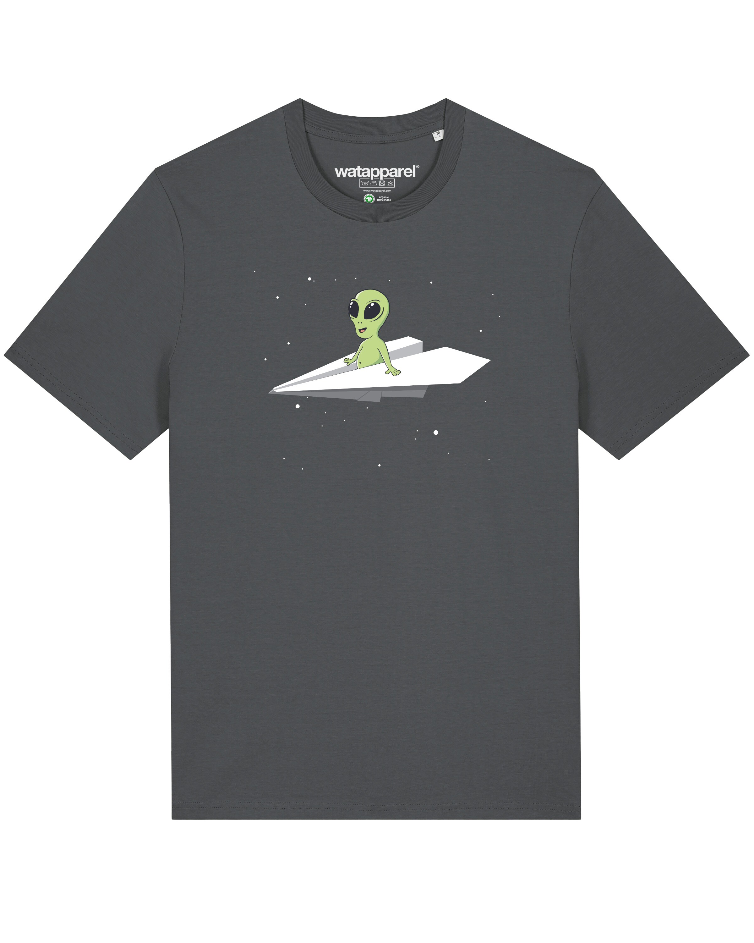 Watapparel Shirt 'Alien on a paper plane' in Grau: Vorderseite