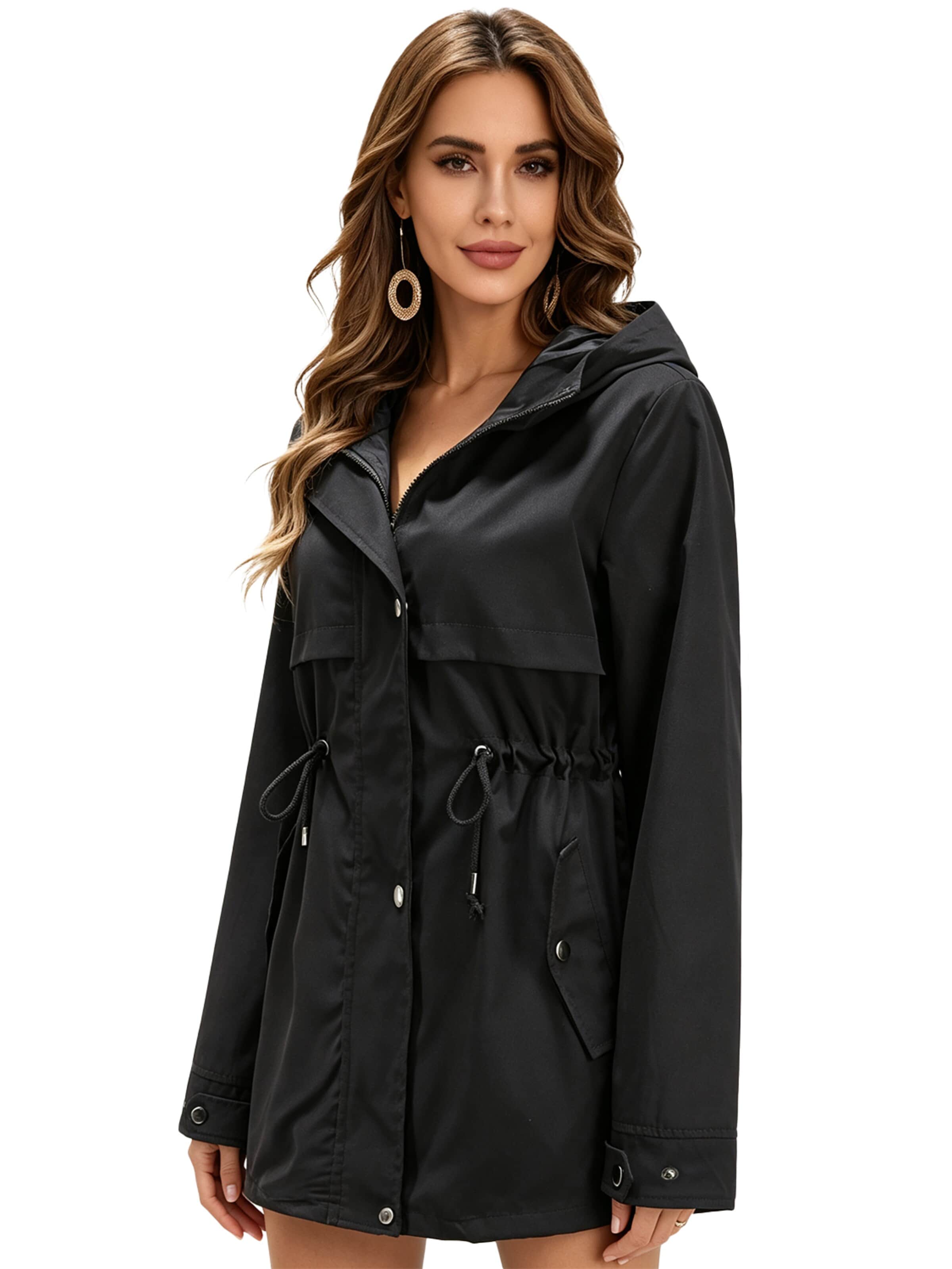 KoJooin Płaszcz funkcyjny 'Damen lange Kapuzen-Regenjacke mit Taille – Wasserdichter Windbreaker und Outdoor-Mantel für Schutz' w kolorze czarny