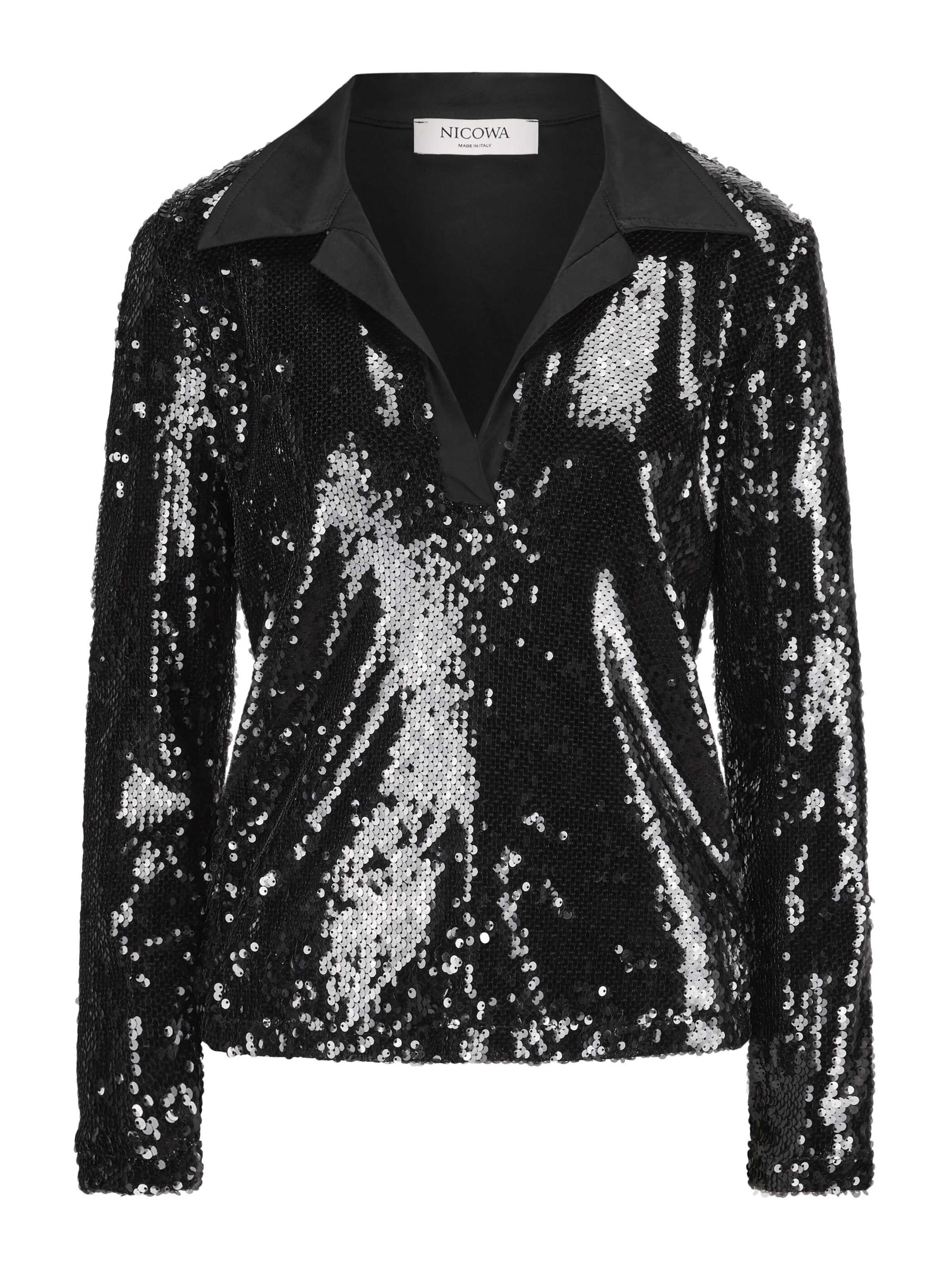 Nicowa Poloshirt 'ORIWILO', hochwertiges Pailletten-Material mit Stretchanteil, Model ist 1,78 cm und trägt Größe 34 in schwarz, Produktansicht