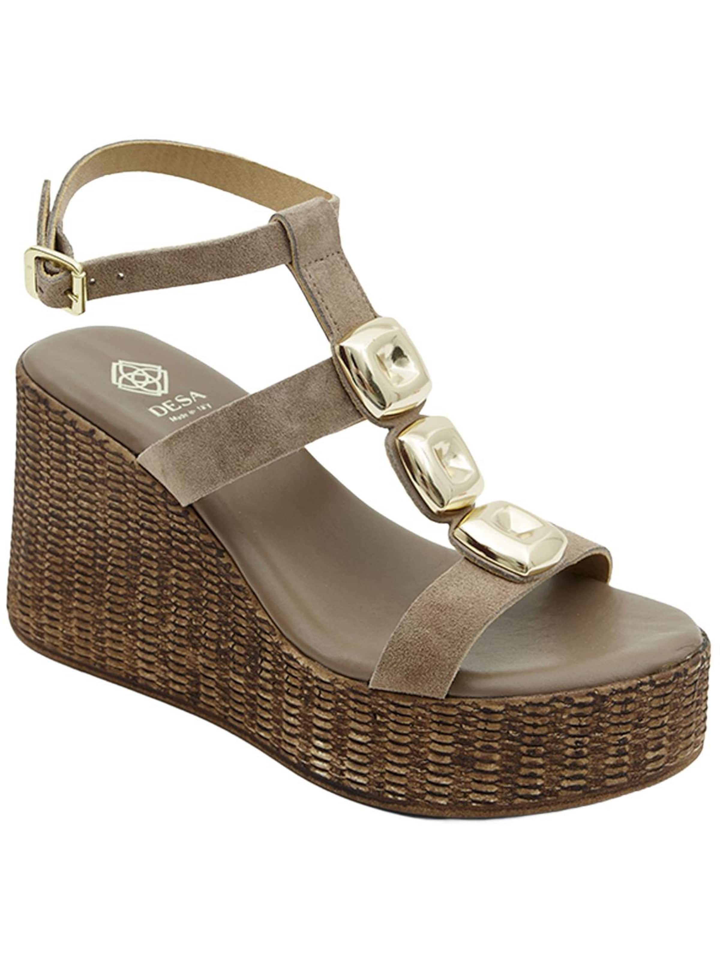 Desa Strap sandal 'DESA Damen-Wildledersandalen mit Keilabsatz und goldenen Details' in Beige: front