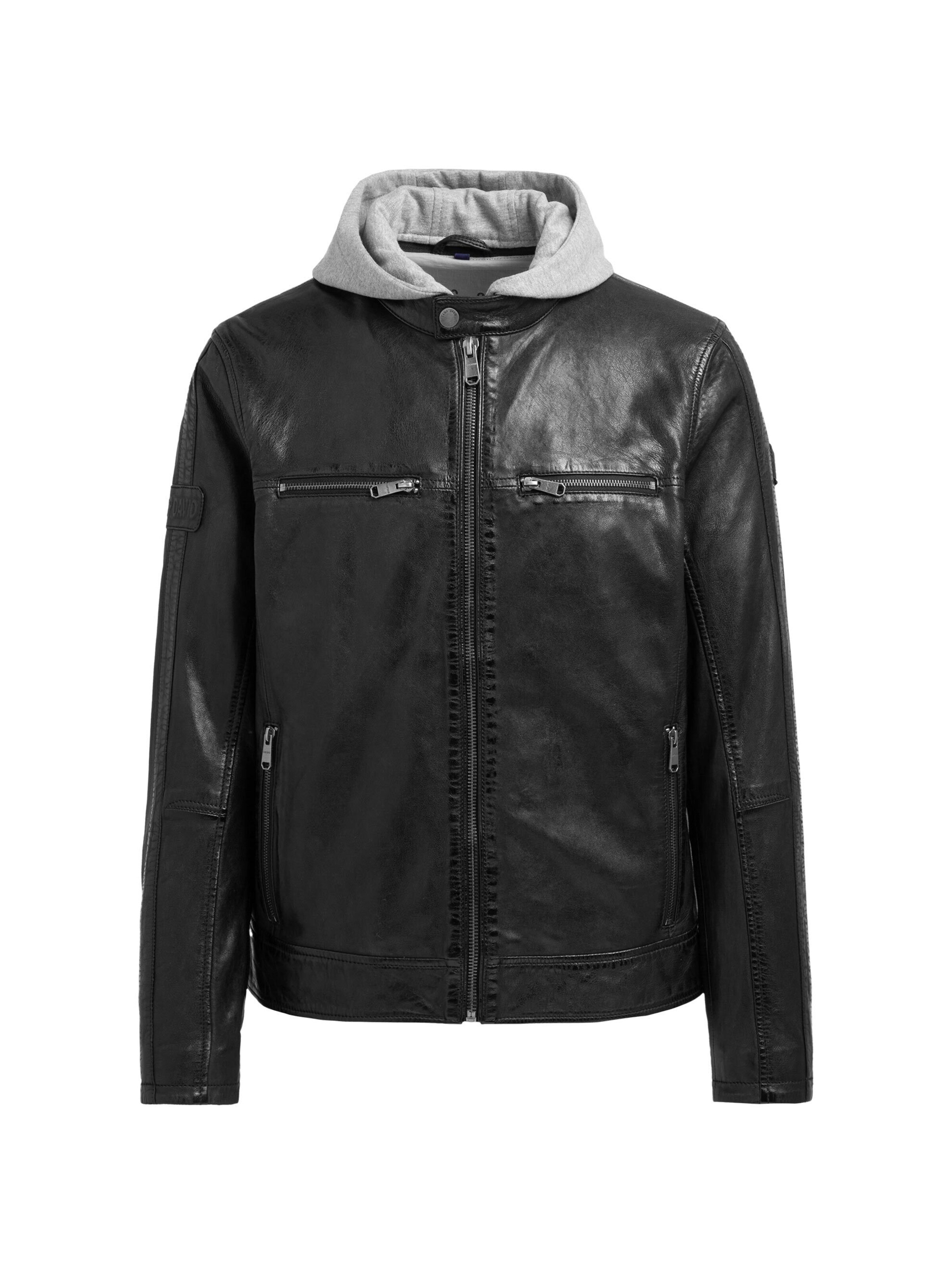 CAMP DAVID Lederjacke im Biker-Stil mit Sweatkapuze in Schwarz: Vorderseite