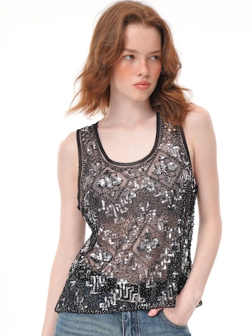 yoligex Top 'Geometric Floral Sequin Beaded Mesh Tank Top, U‑Neck Sheer Sleeveless Vest' w kolorze czarny