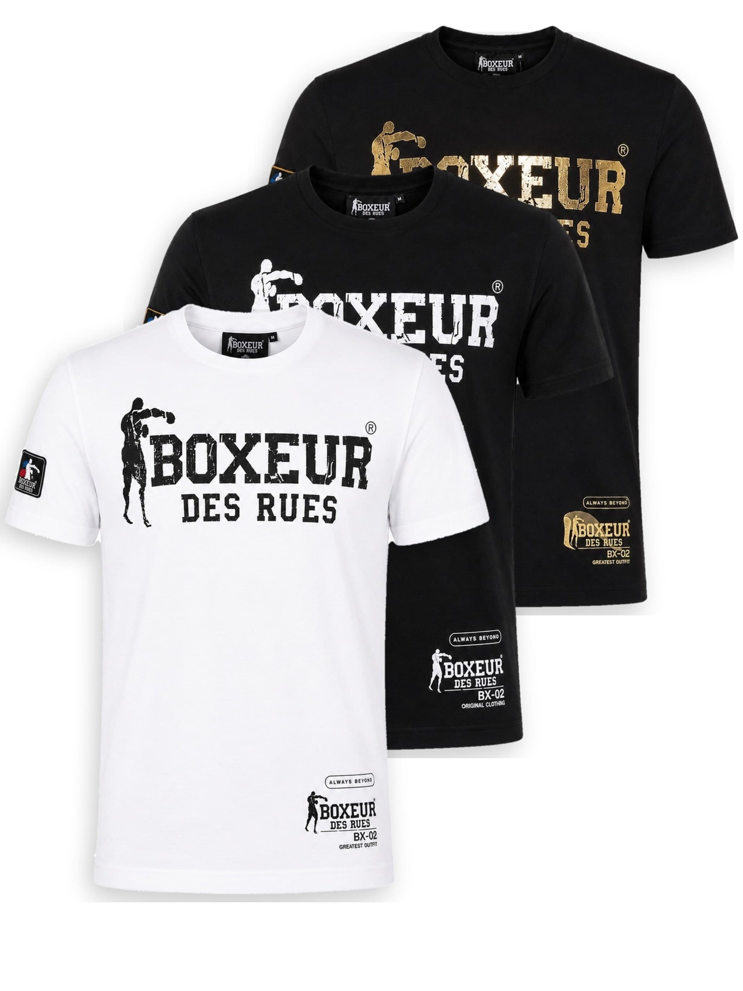 Boxeur des Rues Shirt 'Herren T-Shirt 3er-Pack Boxeur des Rues Slim Fit: Weiß, Schwarzes Logo + Schwarz, Weißes Logo + Schwarz, Goldenes Logo'‌‌‌‌‌‌‌‌‌‌ in Mischfarben: Vorderseite