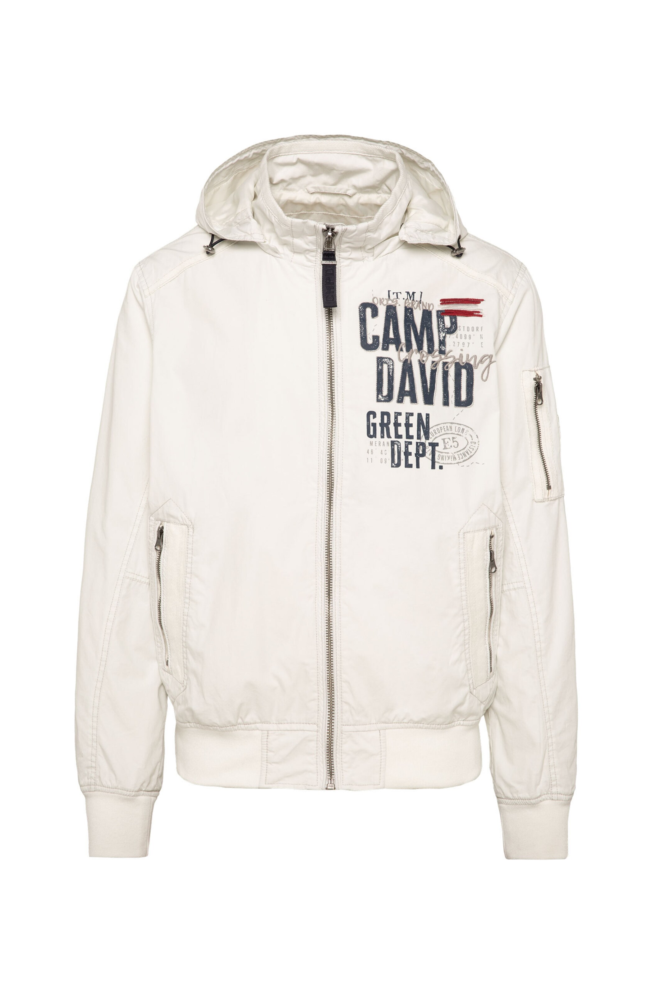 CAMP DAVID Stone Washed Blouson mit Kapuze und Artworks in Grau: Vorderseite