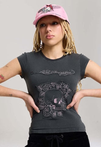 Ed Hardy T-Shirt 'Blumen-Totenkopf' in Grau