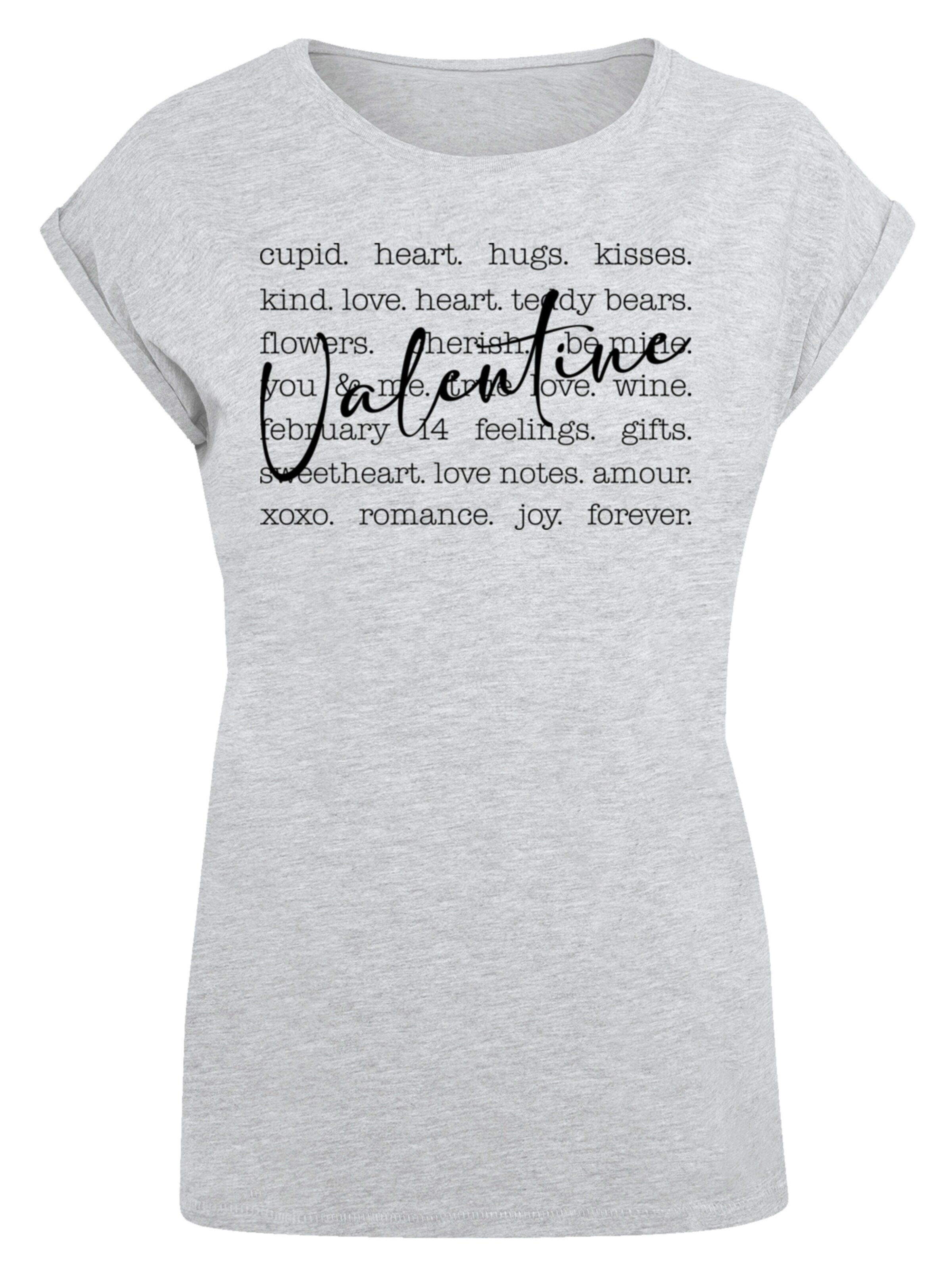F4NT4STIC T-Shirt 'Valentine Herz Hugs Kisses Love Flowers Joy' in Grau: Vorderseite