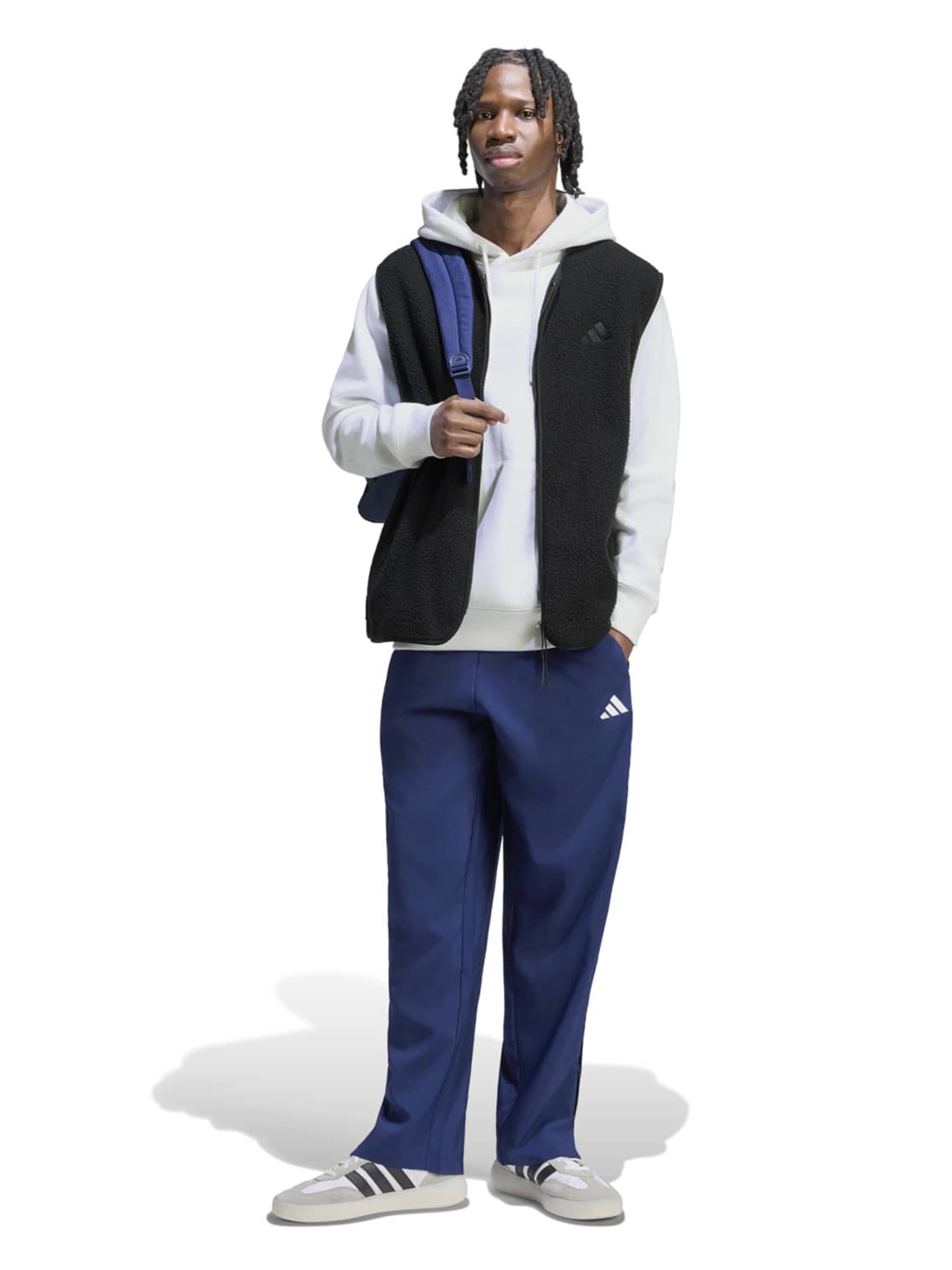 ADIDAS SPORTSWEAR Loosefit Sportovní kalhoty 'Essentials Small Logo Stanford Lite Woven Tapered Open Hem' – modrá