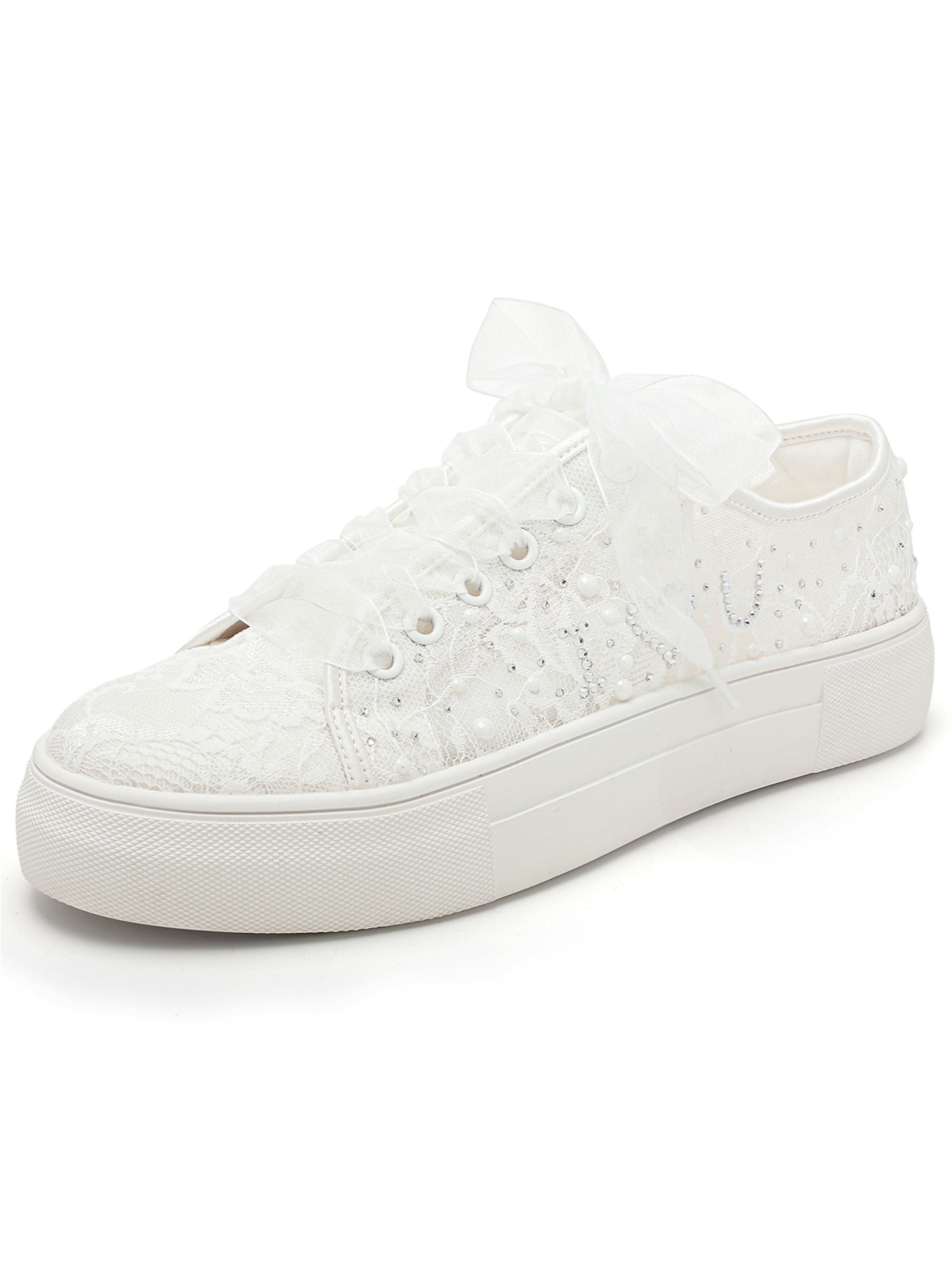 Elivandon Sneaker low '999-6 Sanfter Stil atmungsaktive Spitzen-Sneakers mit Perlen und Strassbesatz, Plateauschuhe mit Tüllschleife, für Braut und Alltag geeignet'‌‌ in Beige: Vorderseite